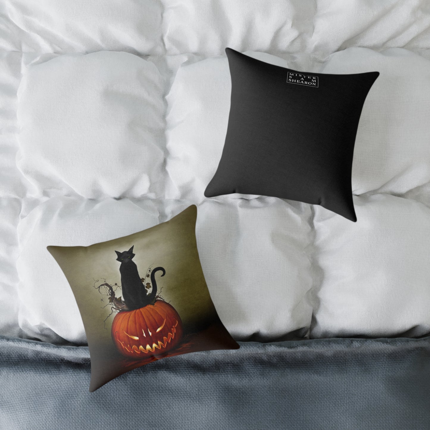 Cat O' Lantern Halloween pillow — gothic dark art home decor by Mister Sam Shearon zero AI