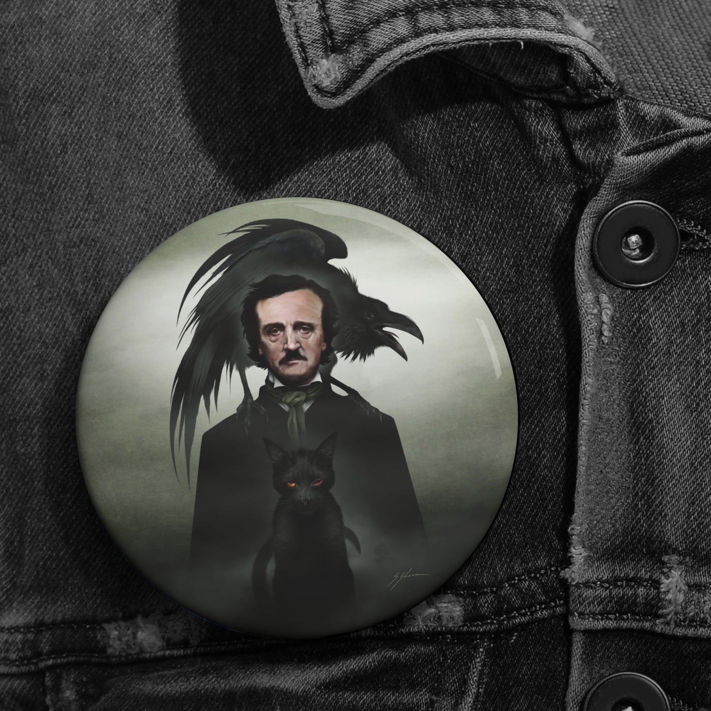Edgar Allan Poe 3 inch pin button — Mister Sam Shearon original gothic dark art gift