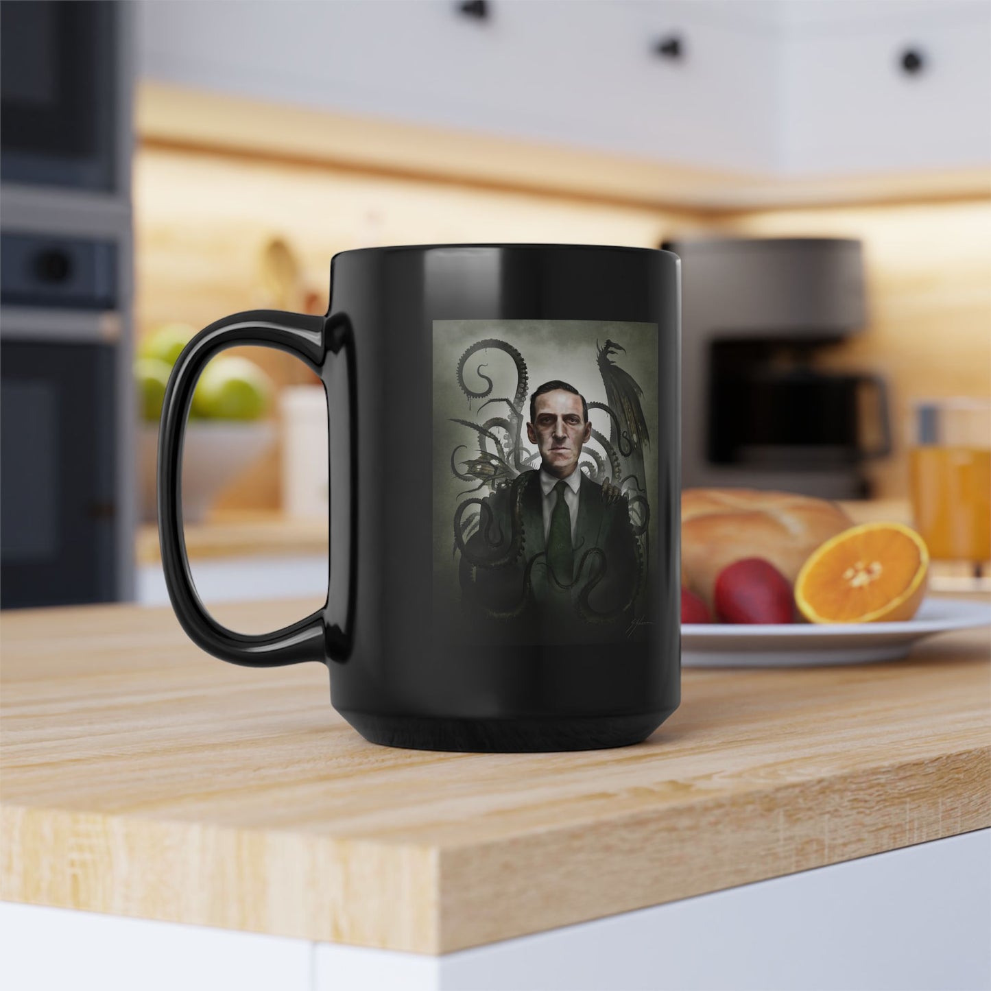 H.P. Lovecraft mug flat lay — Cthulhu horror art by Mister Sam Shearon