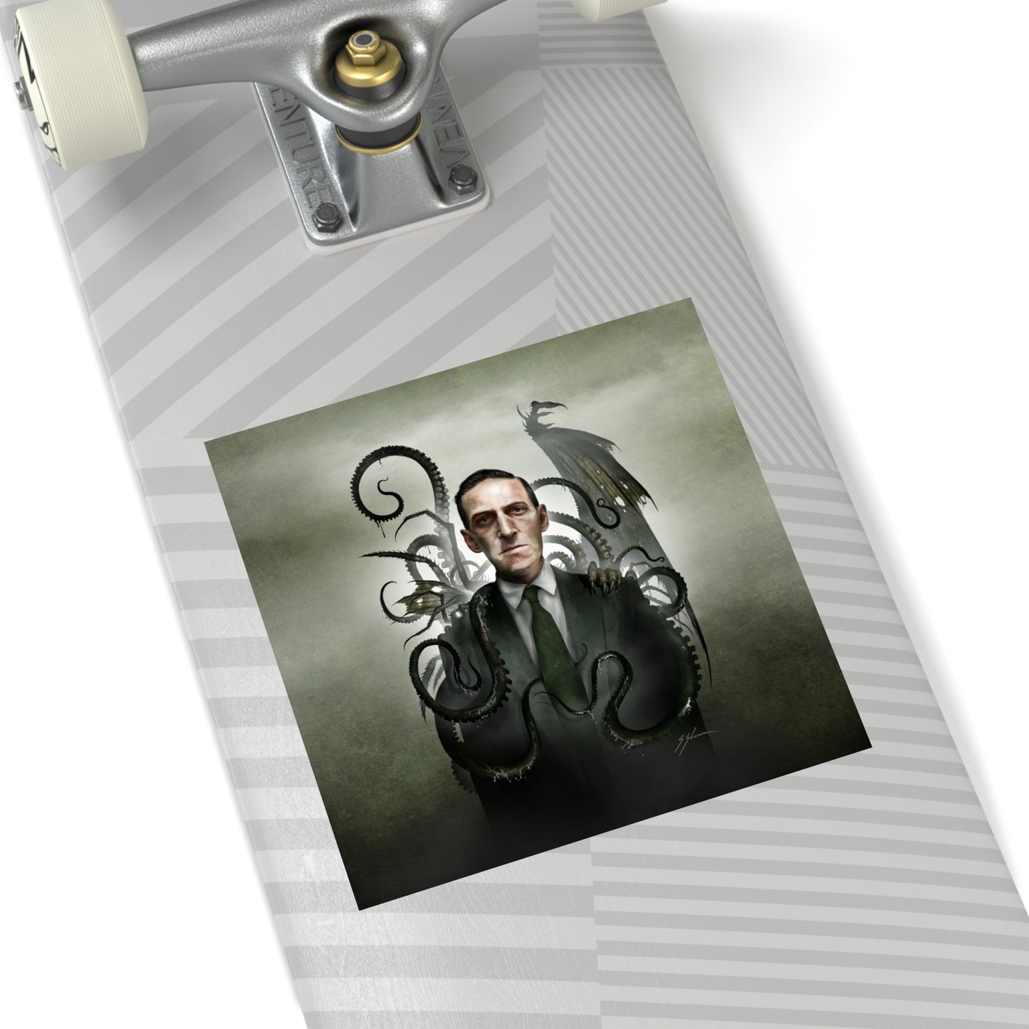 H.P. Lovecraft indoor/outdoor square stickers by Mister Sam Shearon — Cthulhu cosmic horror gothic dark art, eldritch horror, human-made, non-AI.