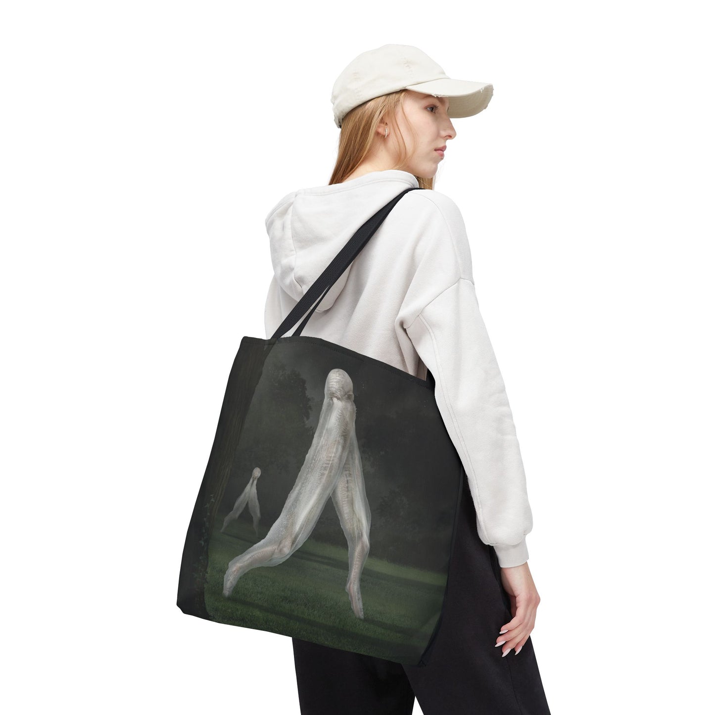 Nightcrawler AOP tote flat lay — dark art horror accessory by Mister Sam Shearon