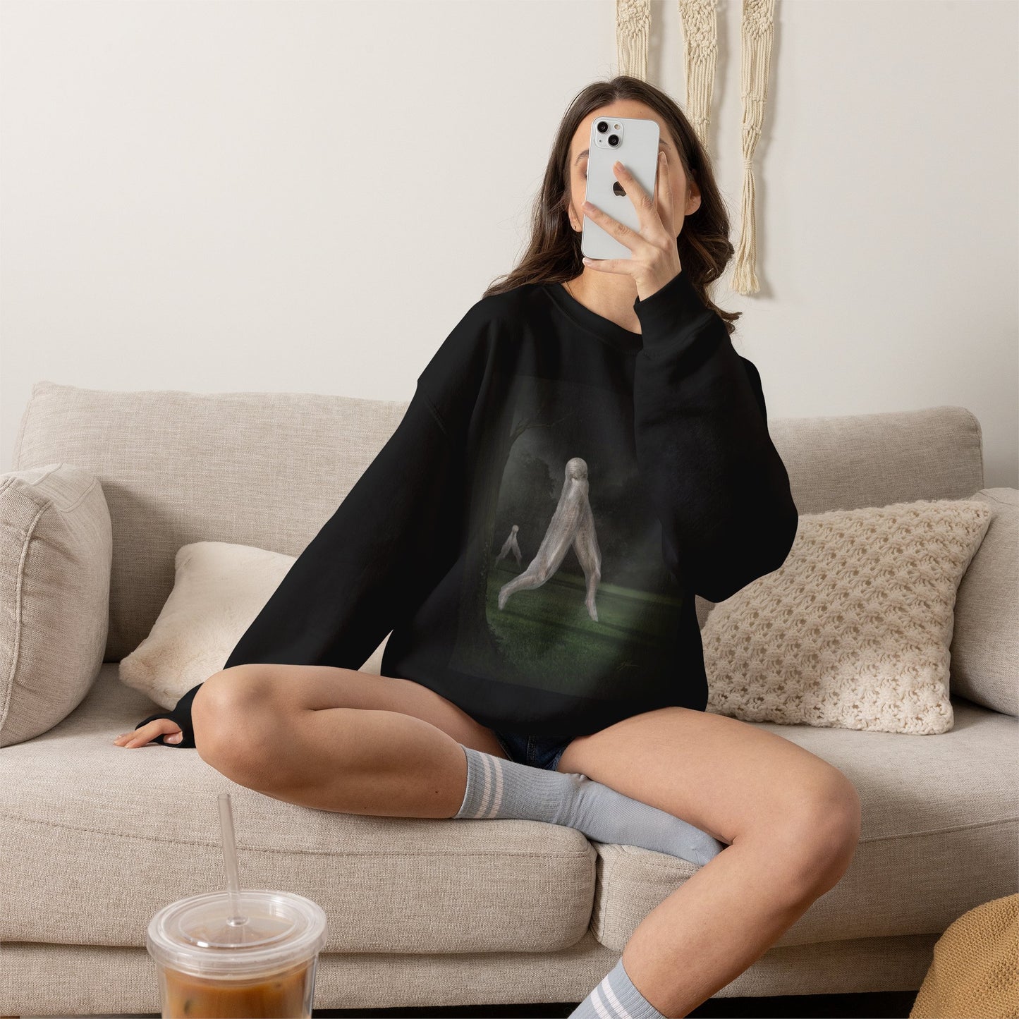 Nightcrawler crewneck — close-up of dark art print by Mister Sam Shearon