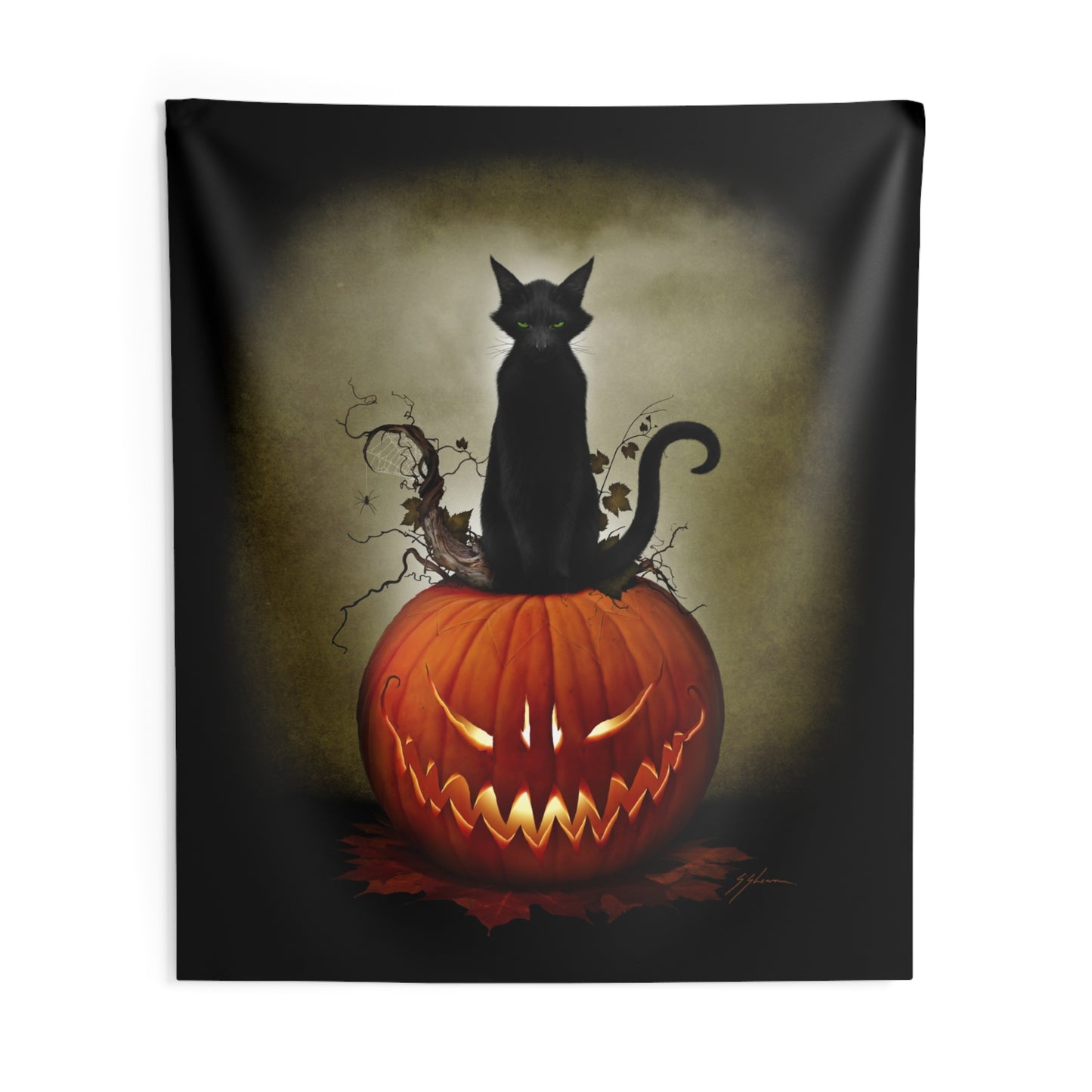 Cat O' Lantern indoor wall tapestry — Mister Sam Shearon dark art Halloween home decor gift