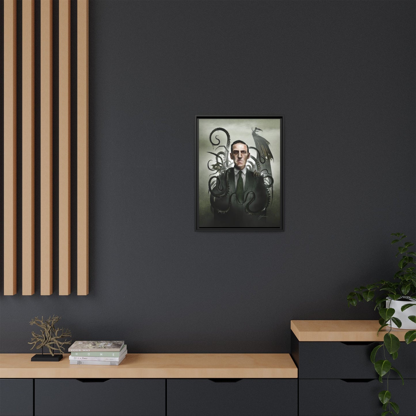 H.P. Lovecraft canvas packaging — framed dark art by Mister Sam Shearon