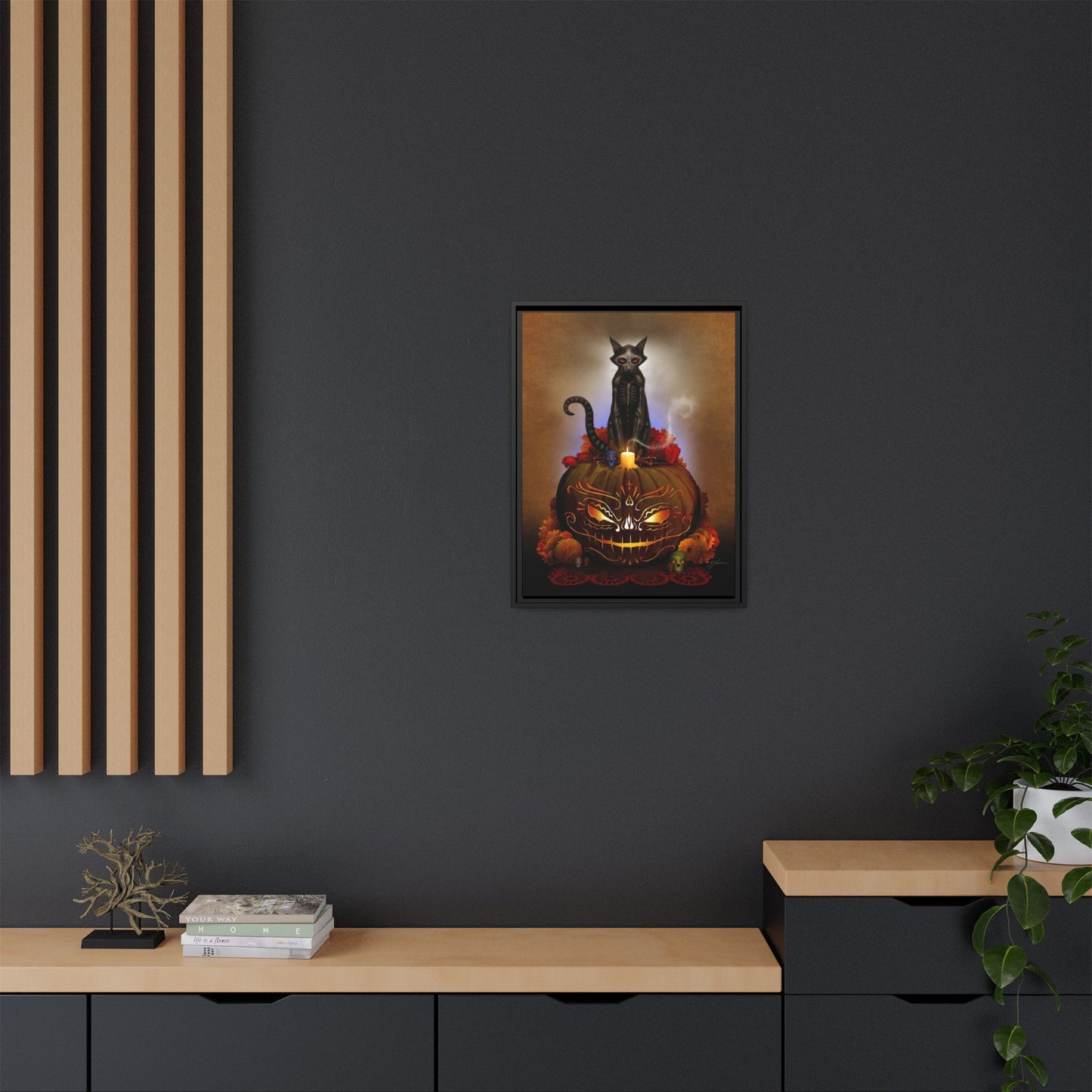Día De Los Meowtos canvas size comparison — 12"x16", 16"x20", 18"x24" dark art print