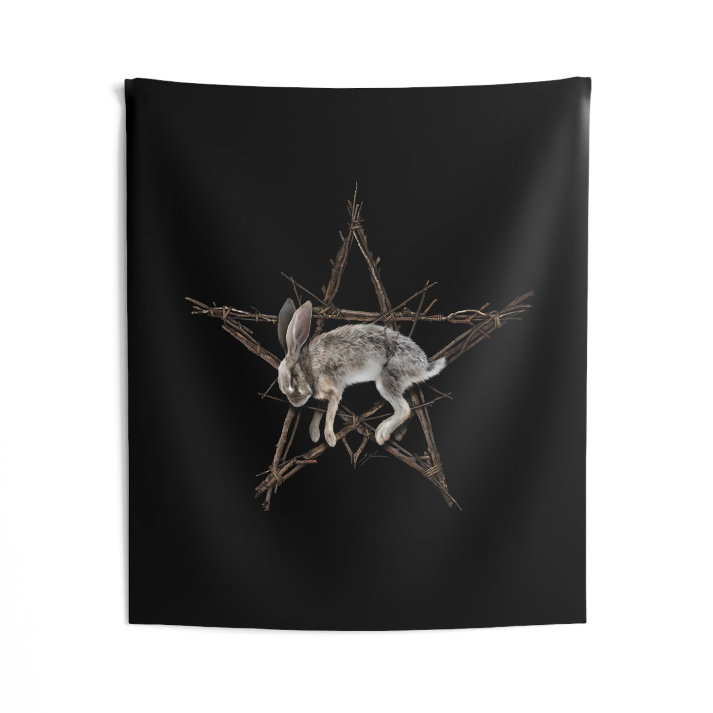 Fallen Star tapestry — occult pentagram design by Mister Sam Shearon, hung on wall