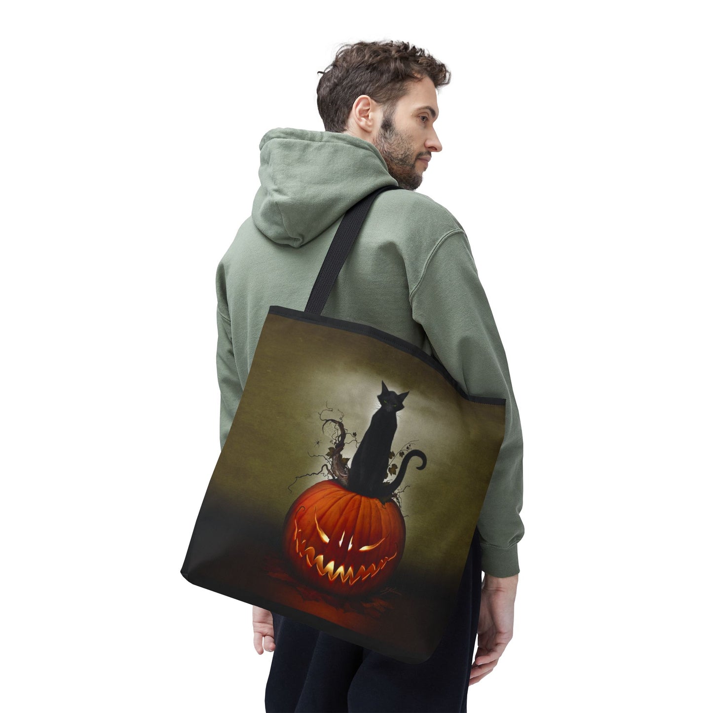 Halloween AOP tote bag 13 inch — sinister black cat pumpkin design by Mister Sam Shearon, zero AI