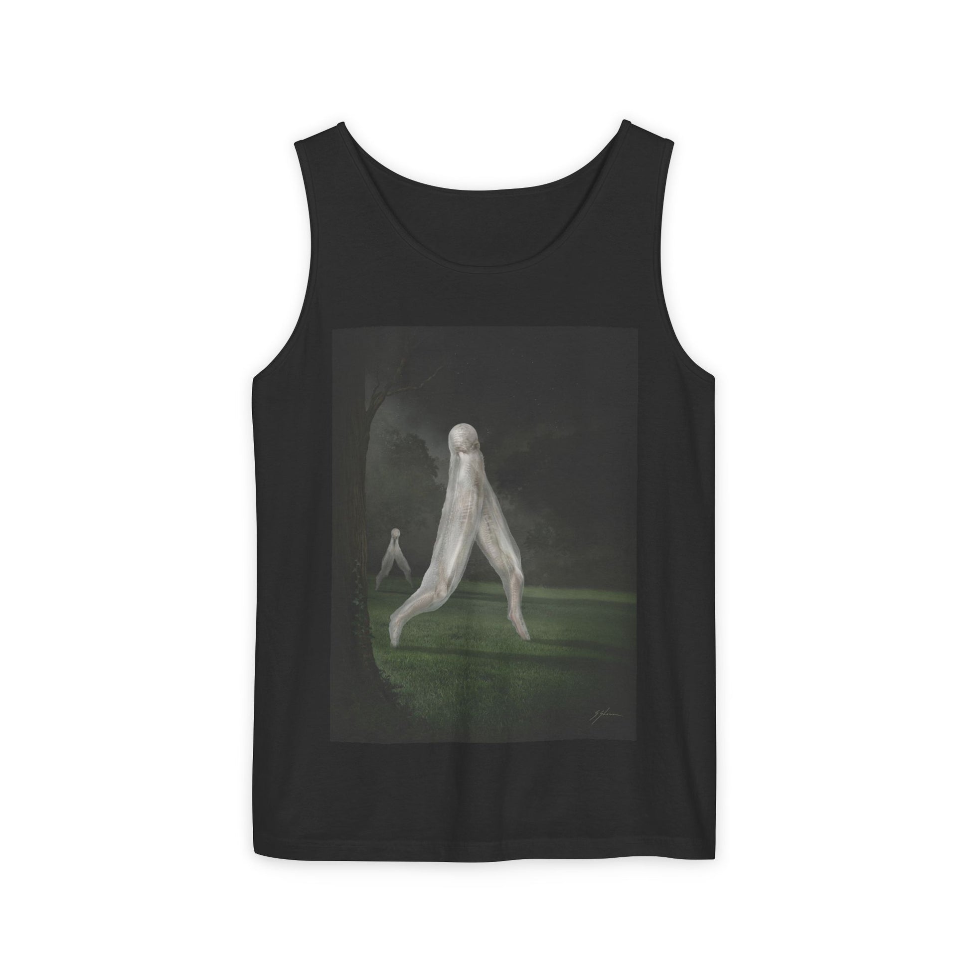 Nightcrawler unisex garment-dyed tank top — original cryptid dark art by Mister Sam Shearon