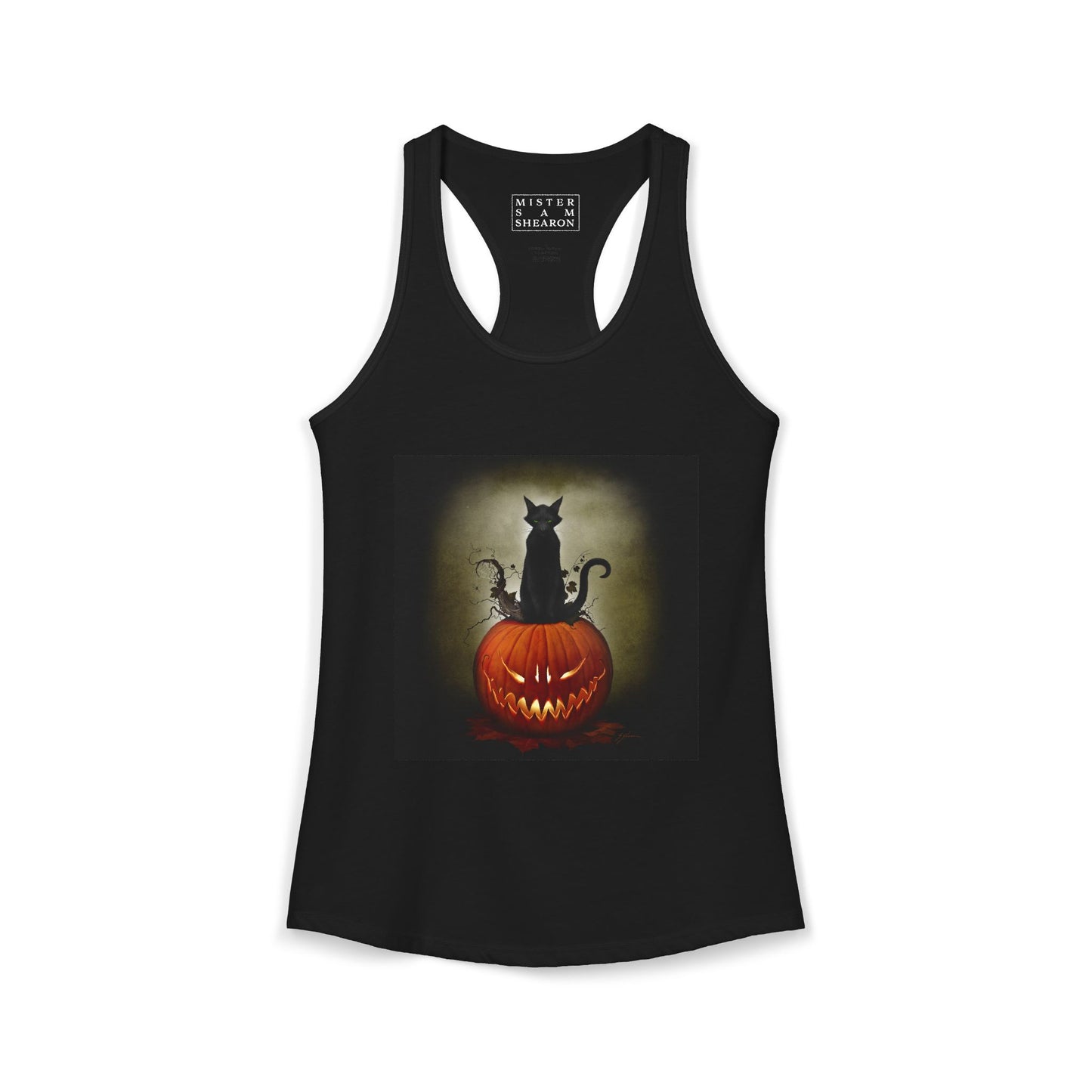 Cat O' Lantern women's racerback tank flat lay — Halloween dark art by Mister Sam Shearon