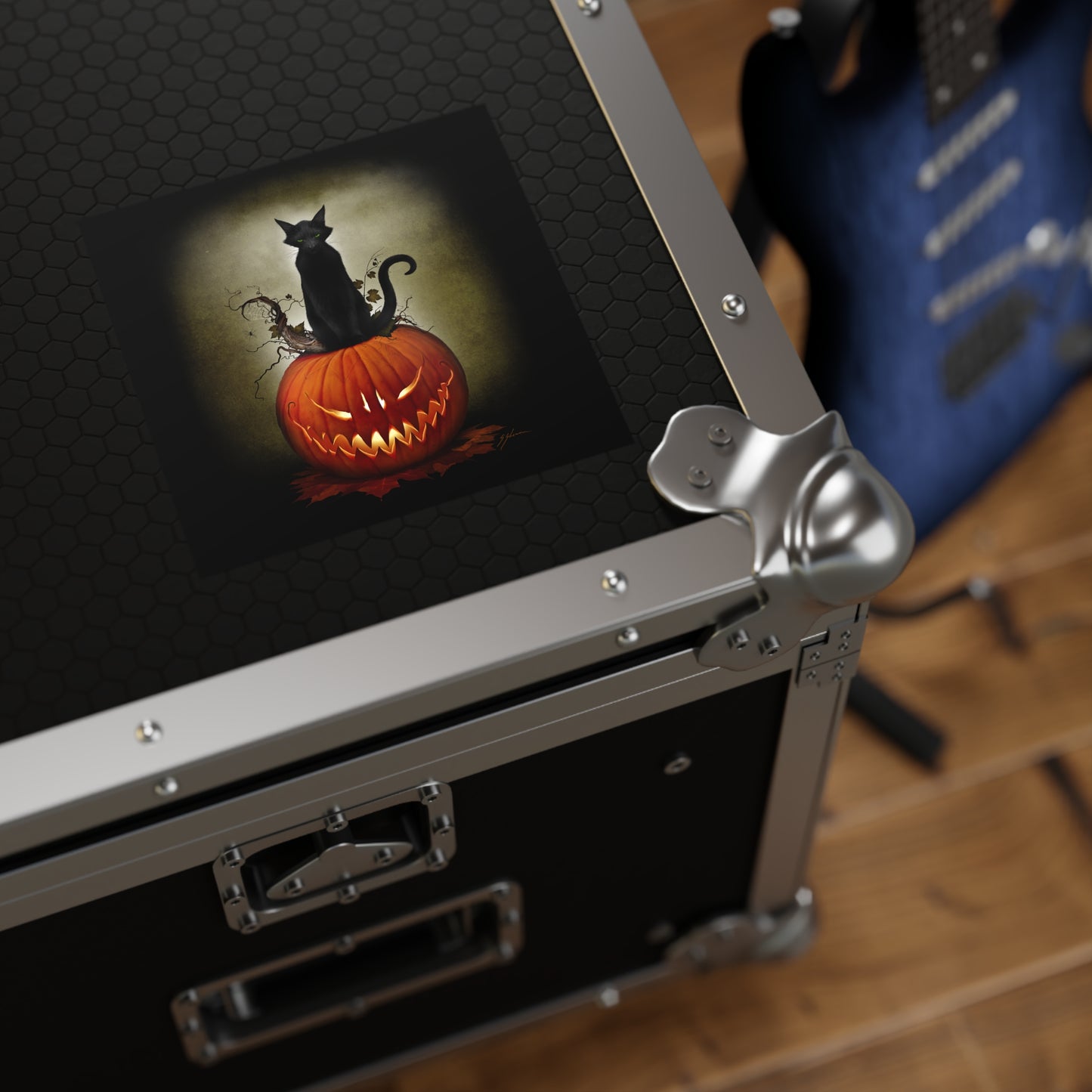 Cat O' Lantern square sticker sizes — original dark art by Mister Sam Shearon