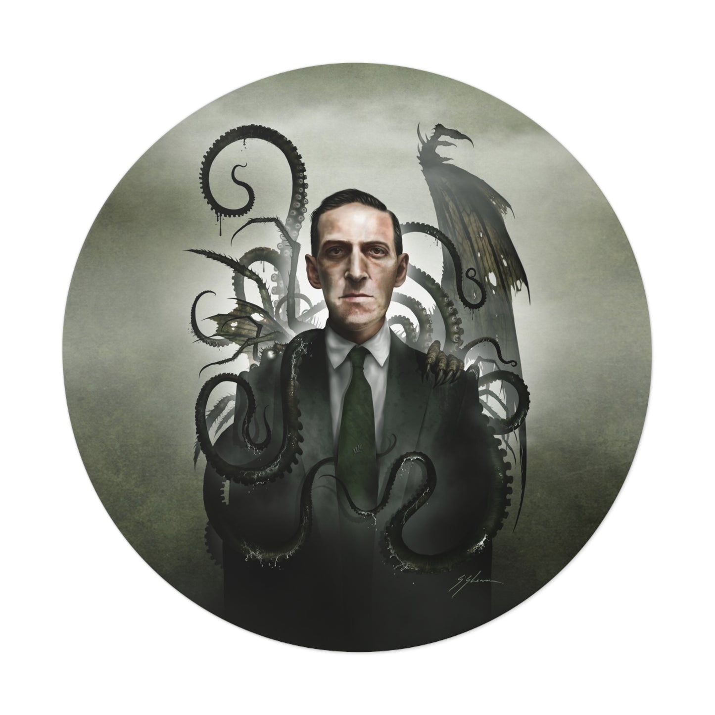 H.P. Lovecraft round vinyl sticker — original cosmic horror dark art by Mister Sam Shearon