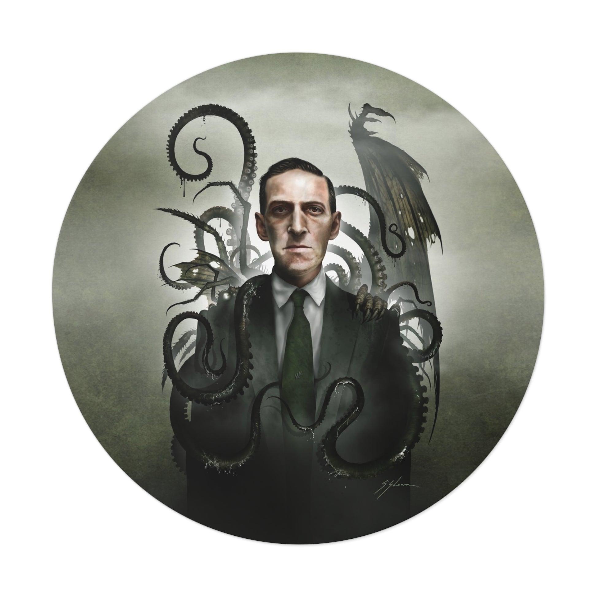 H.P. Lovecraft round vinyl sticker — original cosmic horror dark art by Mister Sam Shearon