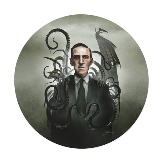 H.P. Lovecraft round vinyl sticker — original cosmic horror dark art by Mister Sam Shearon