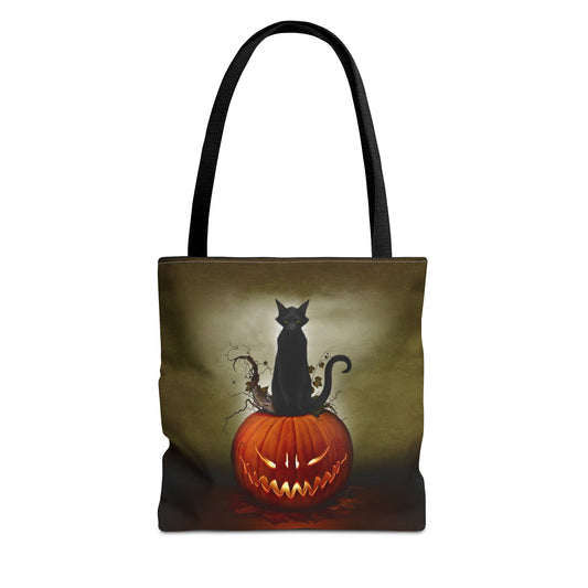 Cat O' Lantern Halloween tote bag — black cat jack-o-lantern all-over print dark art by Mister Sam Shearon