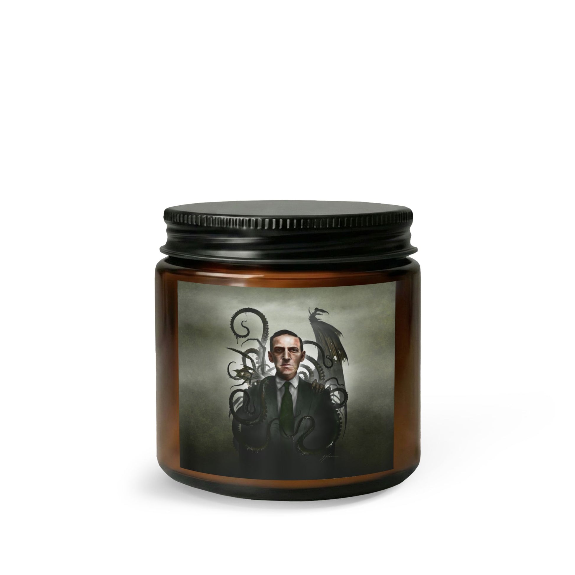 H.P. Lovecraft amber jar candle — cosmic horror art by Mister Sam Shearon, 4oz and 9oz sizes