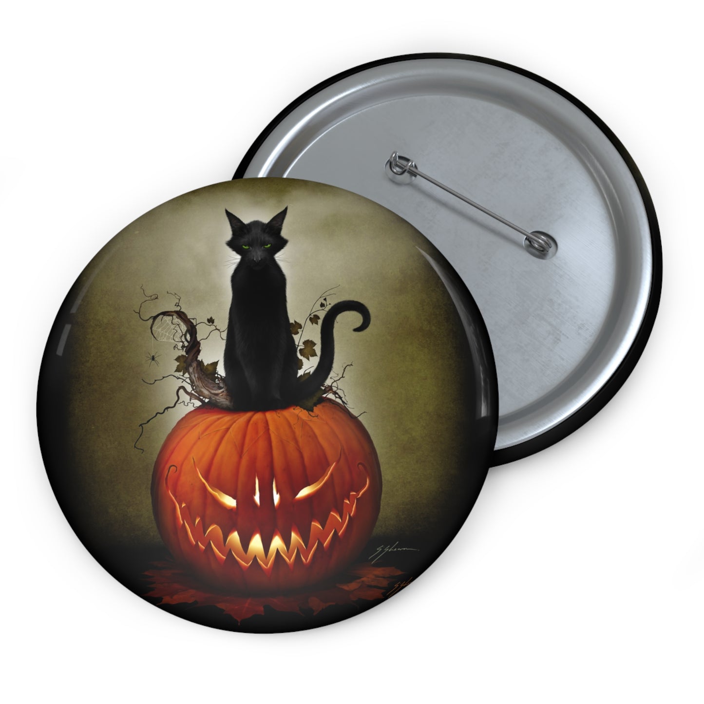 Cat O' Lantern pin button set — Mister Sam Shearon Halloween dark art, three sizes