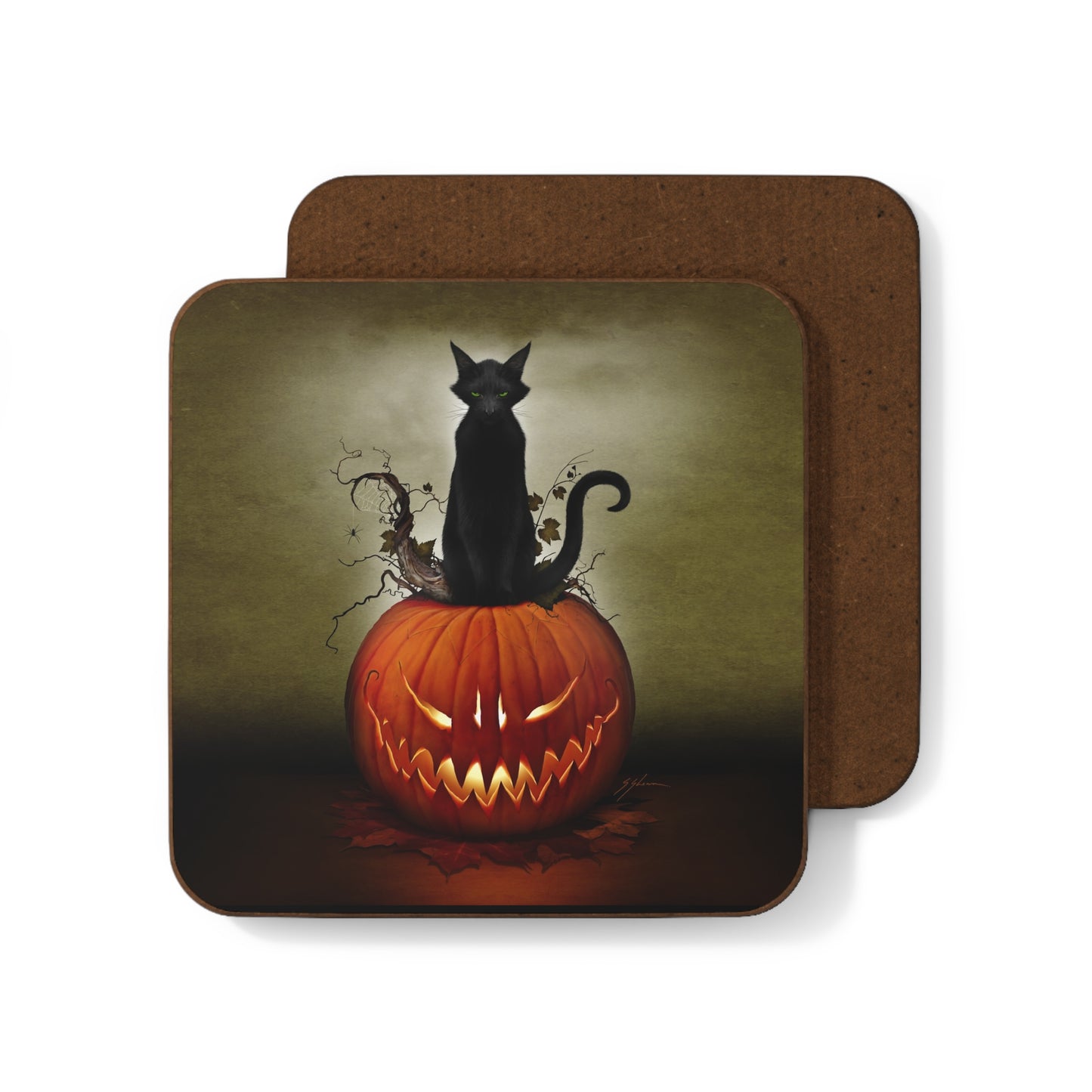 Cat O' Lantern hardboard coaster flat lay — Halloween gothic art by Mister Sam Shearon