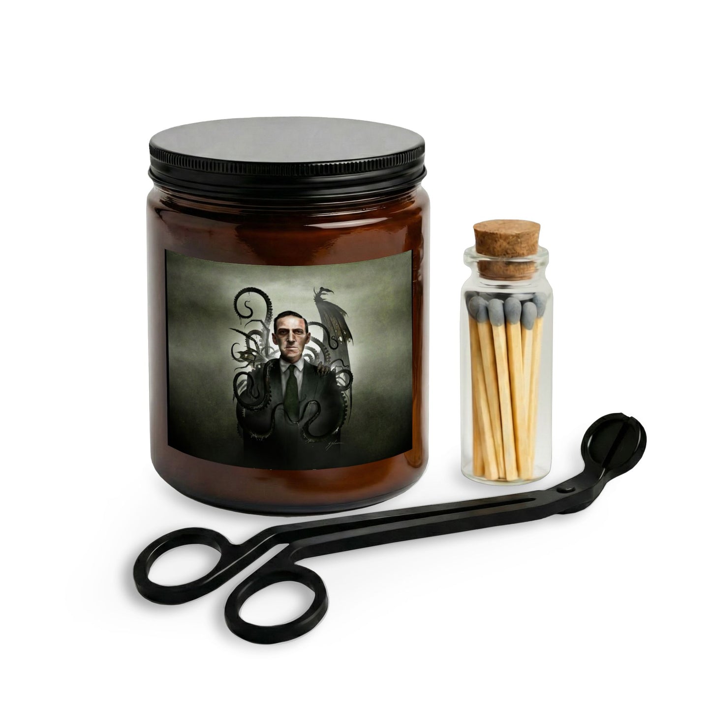 H.P. Lovecraft candle set with matches and wick trimmer — Mister Sam Shearon eldritch dark art collection