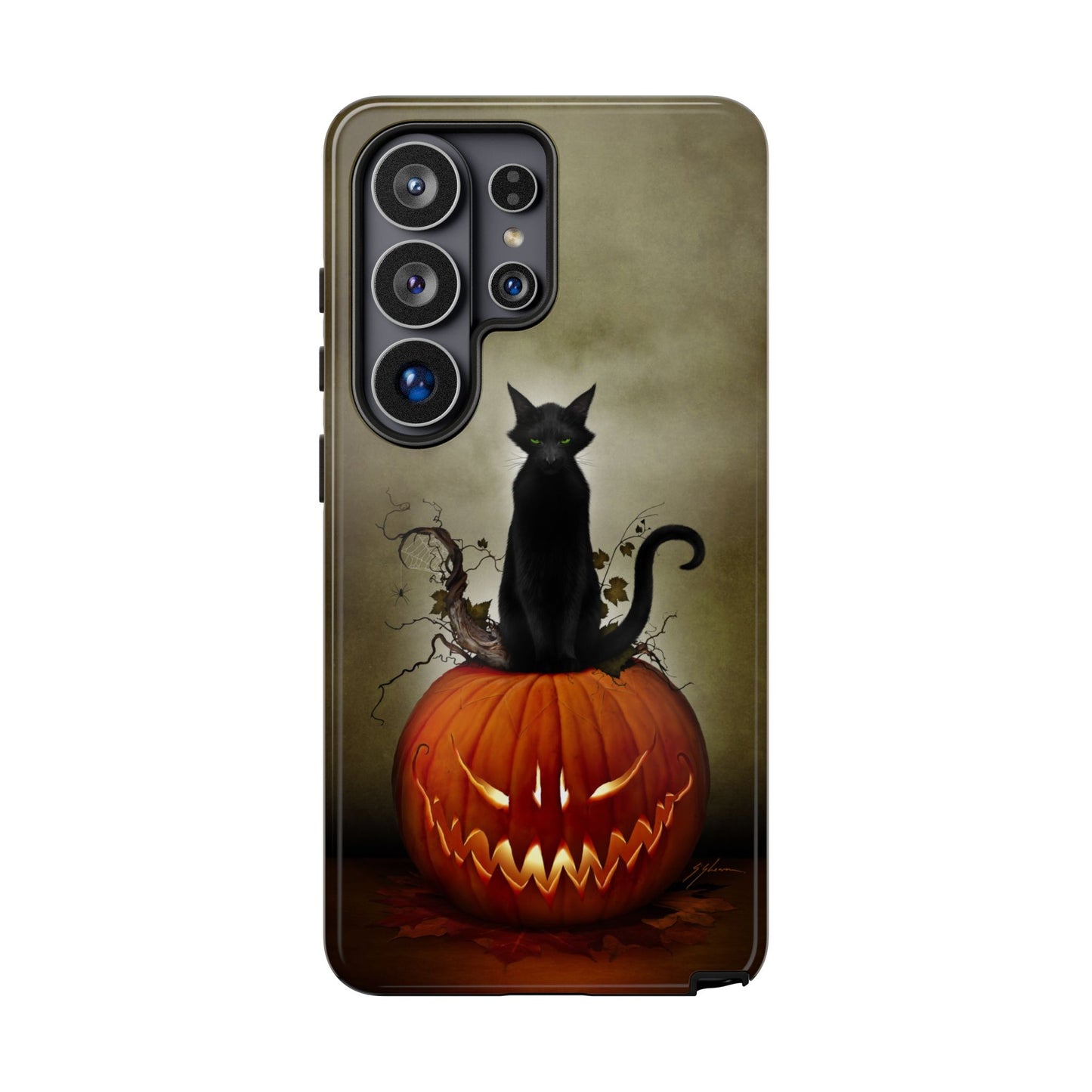 Cat O' Lantern Halloween phone case — black cat on jack-o-lantern dark art by Mister Sam Shearon
