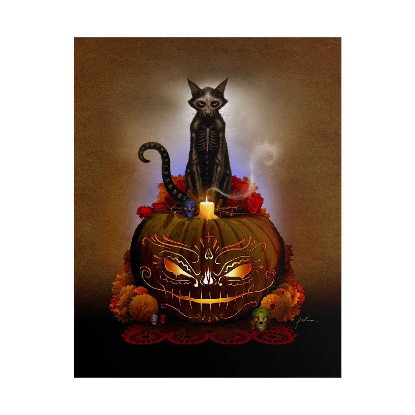 Día De Los Meowtos rolled poster — Day of the Dead dark art print by Mister Sam Shearon