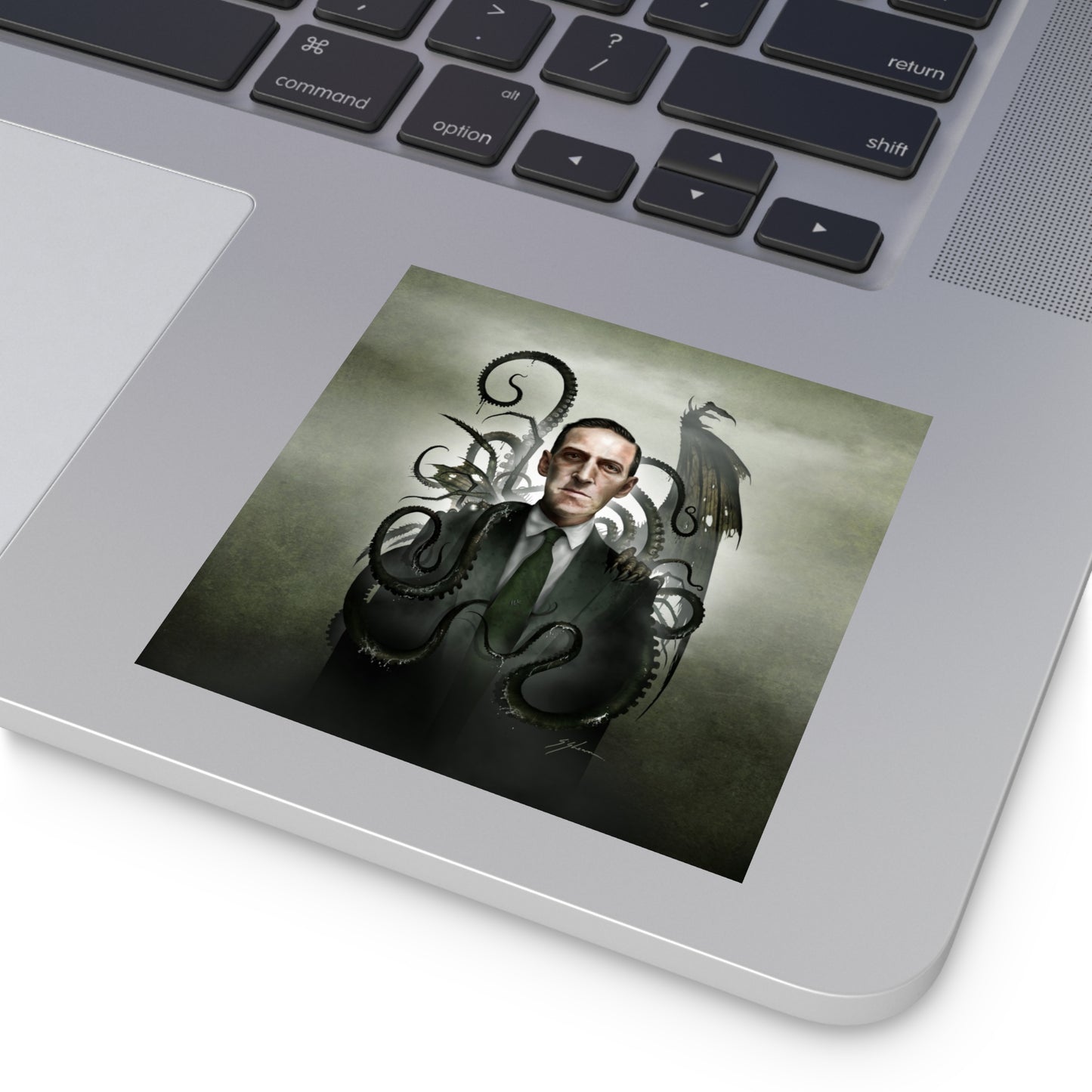 H.P. Lovecraft indoor/outdoor square stickers by Mister Sam Shearon — Cthulhu cosmic horror gothic dark art, eldritch horror, human-made, non-AI. 