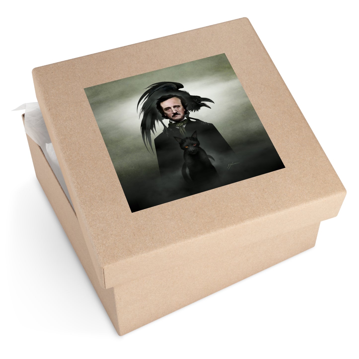 Edgar Allan Poe indoor/outdoor square stickers by Mister Sam Shearon — gothic dark art, The Raven, horror literature, human-made, non-AI. 