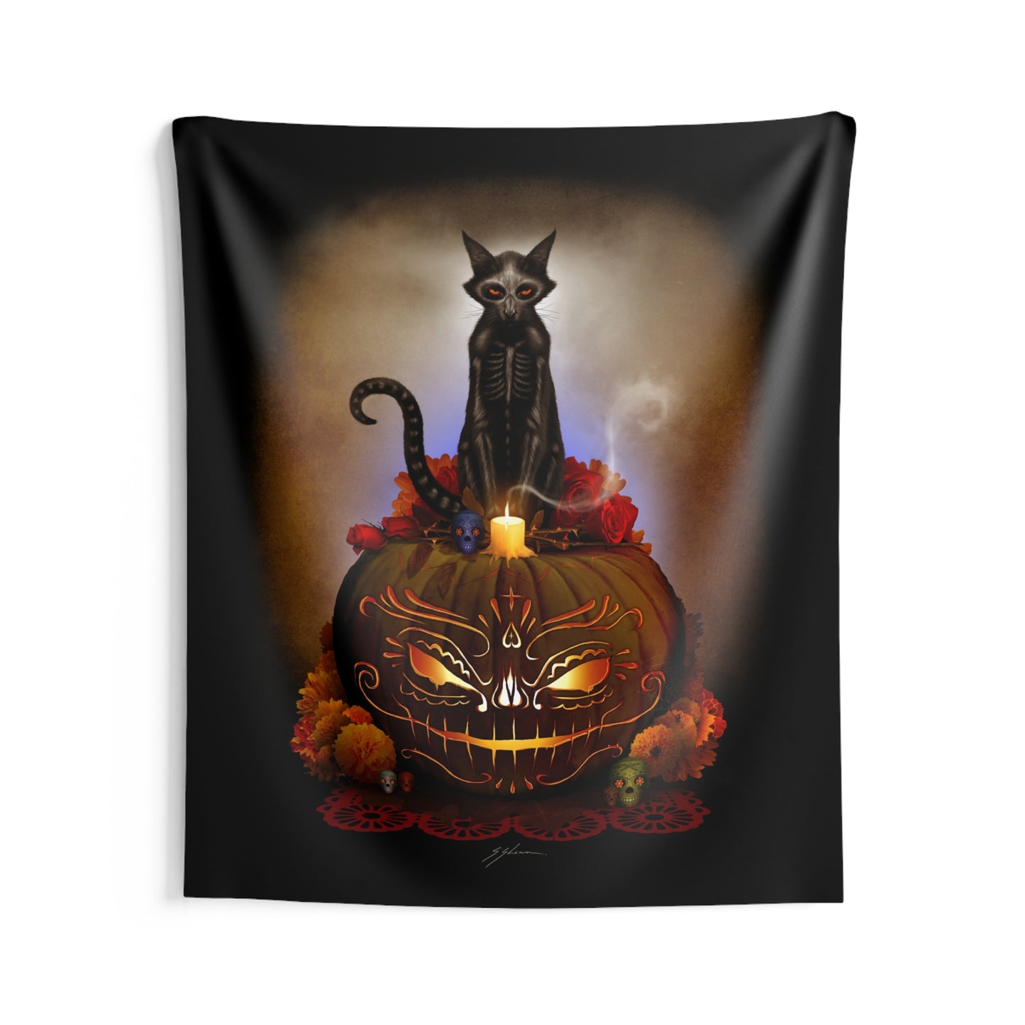 Día De Los Meowtos tapestry 80"x68" landscape — original dark art gothic home decor