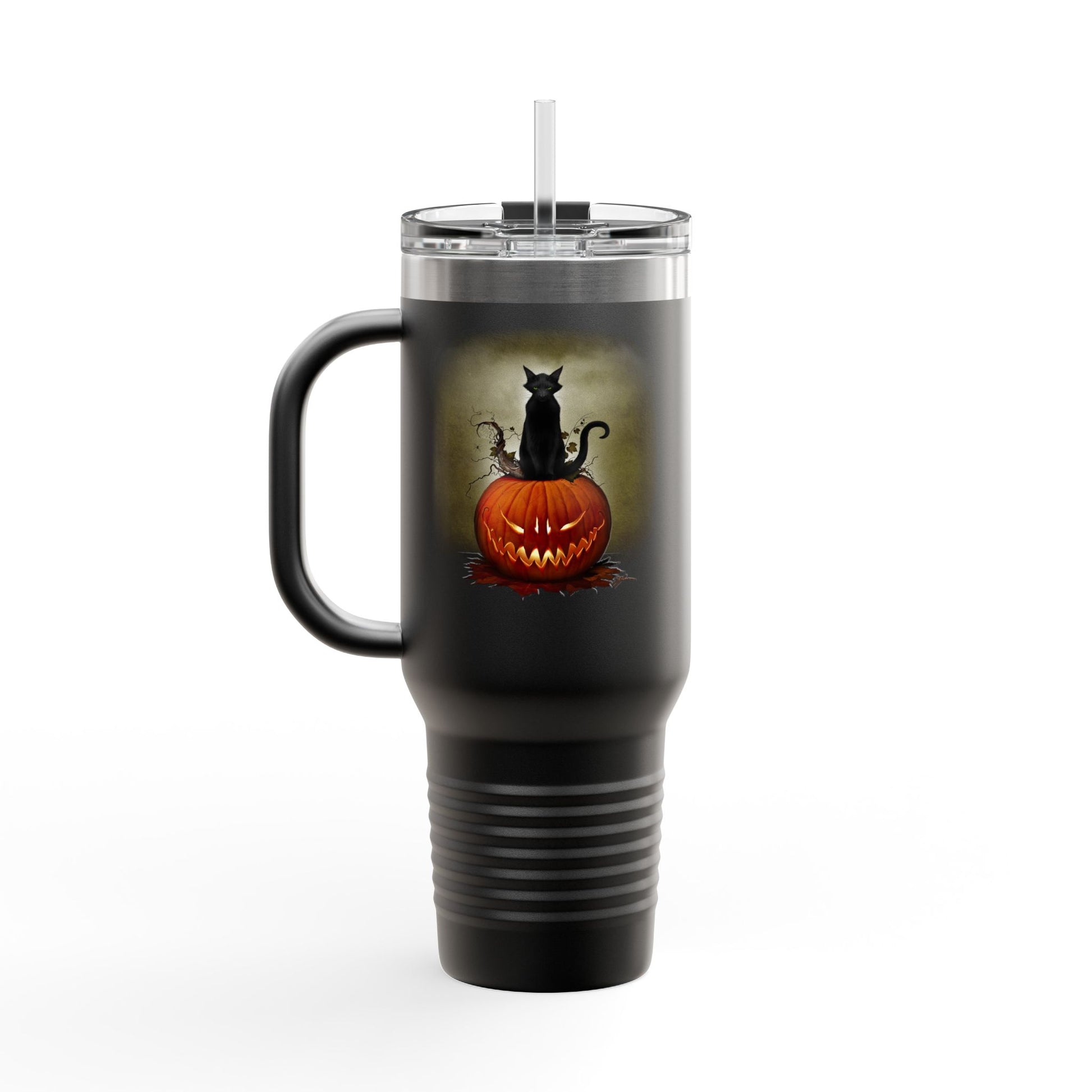 Cat O' Lantern 40oz insulated travel mug — original Halloween dark art by Mister Sam Shearon, black cat on jack-o-lantern design