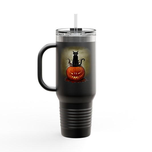 Cat O' Lantern 40oz insulated travel mug — original Halloween dark art by Mister Sam Shearon, black cat on jack-o-lantern design