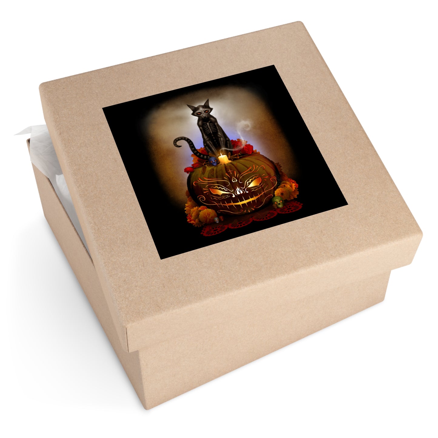 Día De Los Meowtos square sticker 4" — protective laminate indoor outdoor dark art