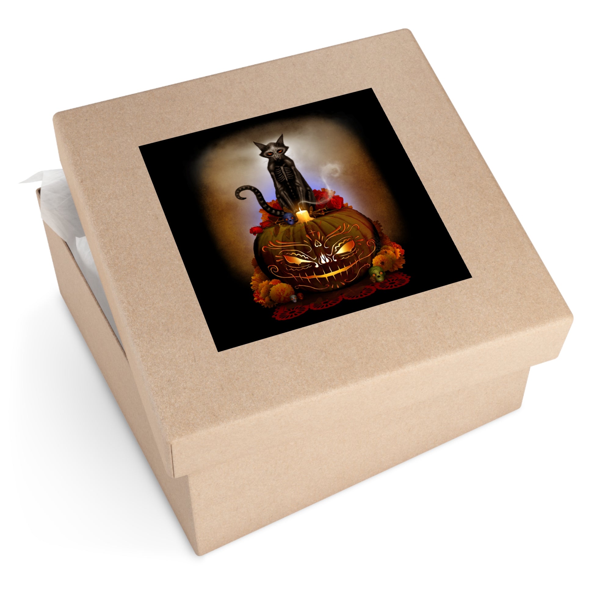 Día De Los Meowtos square sticker 4" — protective laminate indoor outdoor dark art