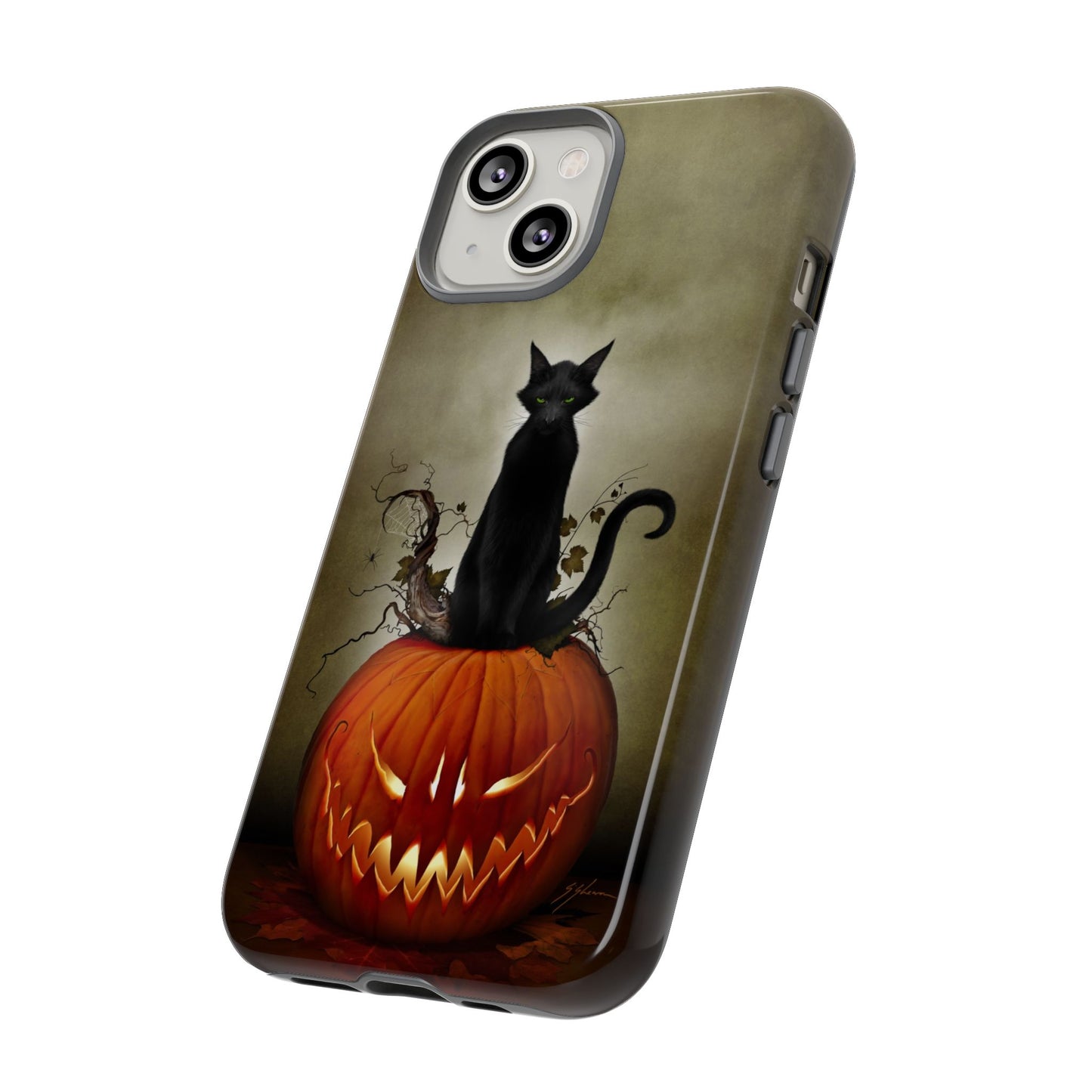 Diagonal view of Cat O' Lantern Halloween phone case on phone — gothic dark art by Mister Sam Shearon
