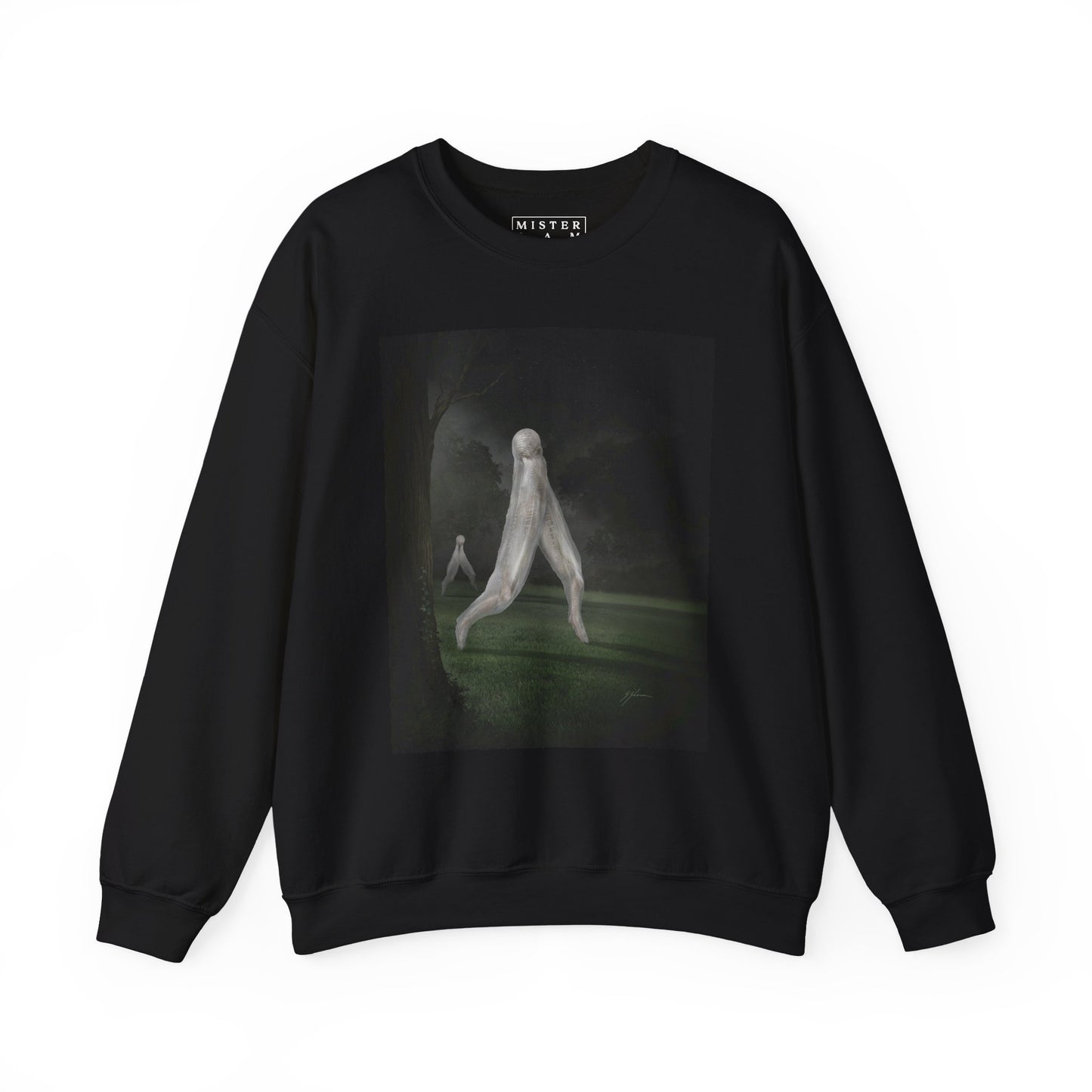 Nightcrawler crewneck sweatshirt — original cryptid dark art by Mister Sam Shearon on black Gildan heavy blend