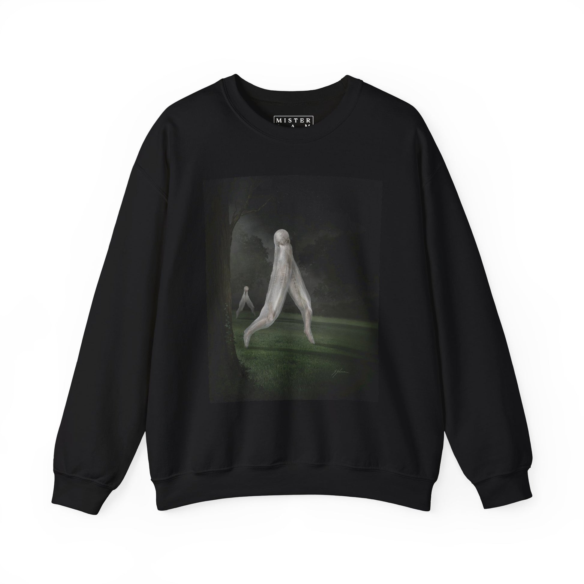 Nightcrawler crewneck sweatshirt — original cryptid dark art by Mister Sam Shearon on black Gildan heavy blend