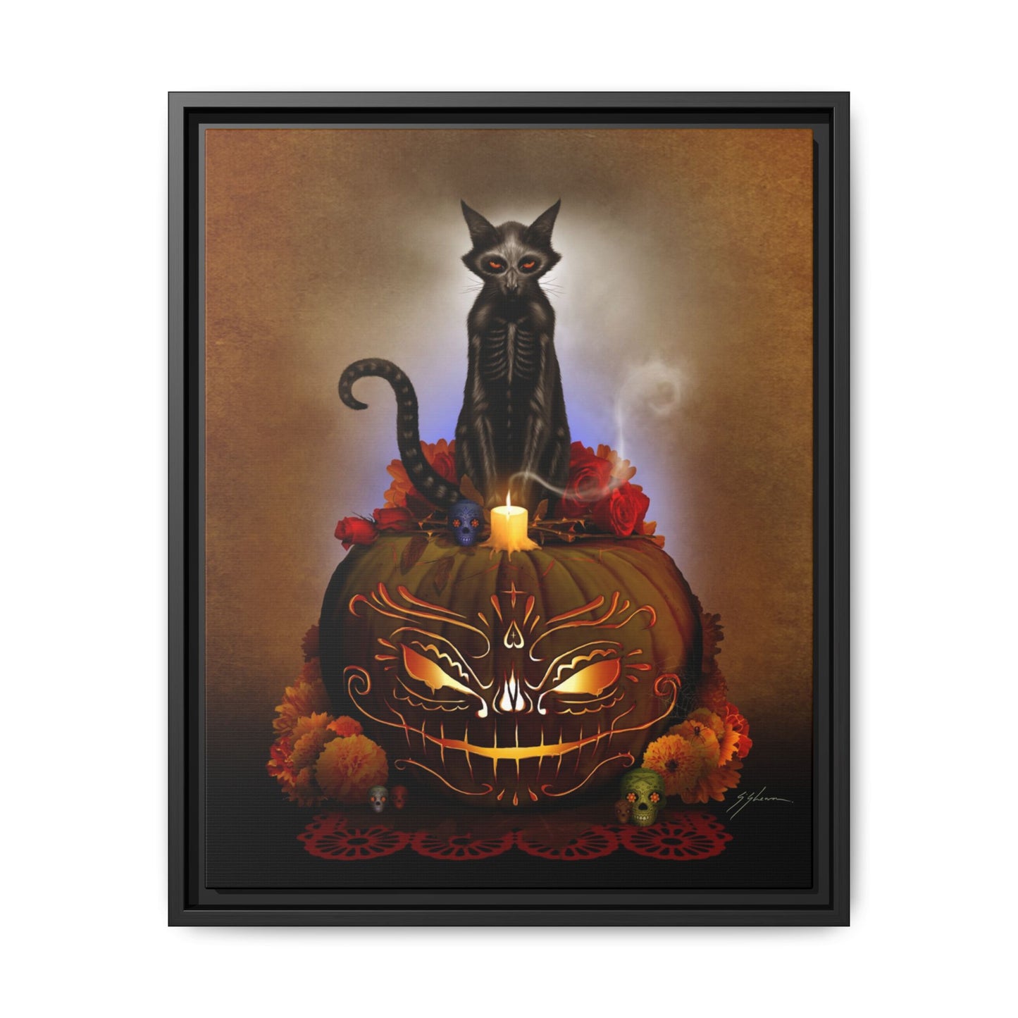 Día De Los Meowtos framed matte canvas — Day of the Dead dark art by Mister Sam Shearon