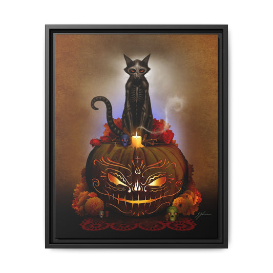 Día De Los Meowtos framed matte canvas — Day of the Dead dark art by Mister Sam Shearon