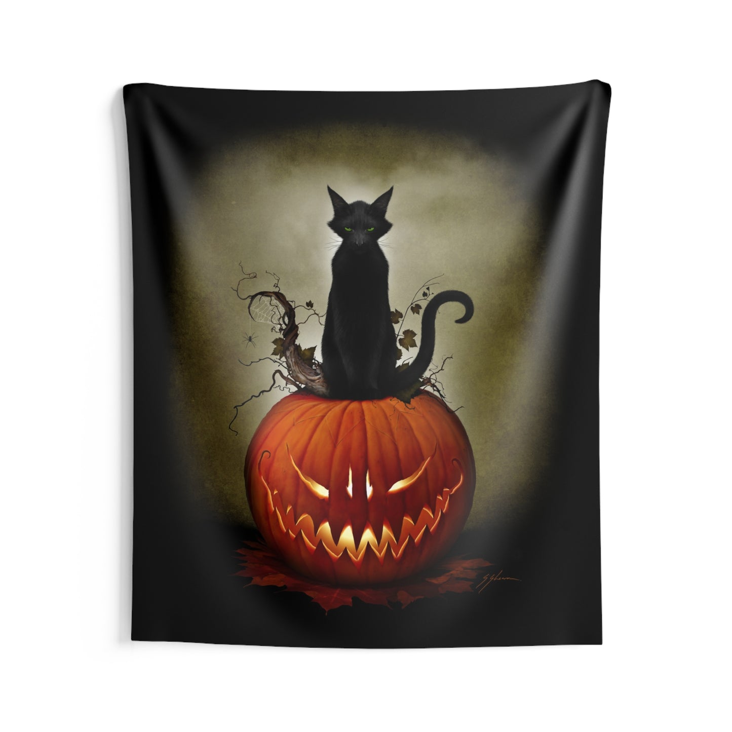 Cat O' Lantern wall tapestry — Mister Sam Shearon pagan Halloween dark art home decor