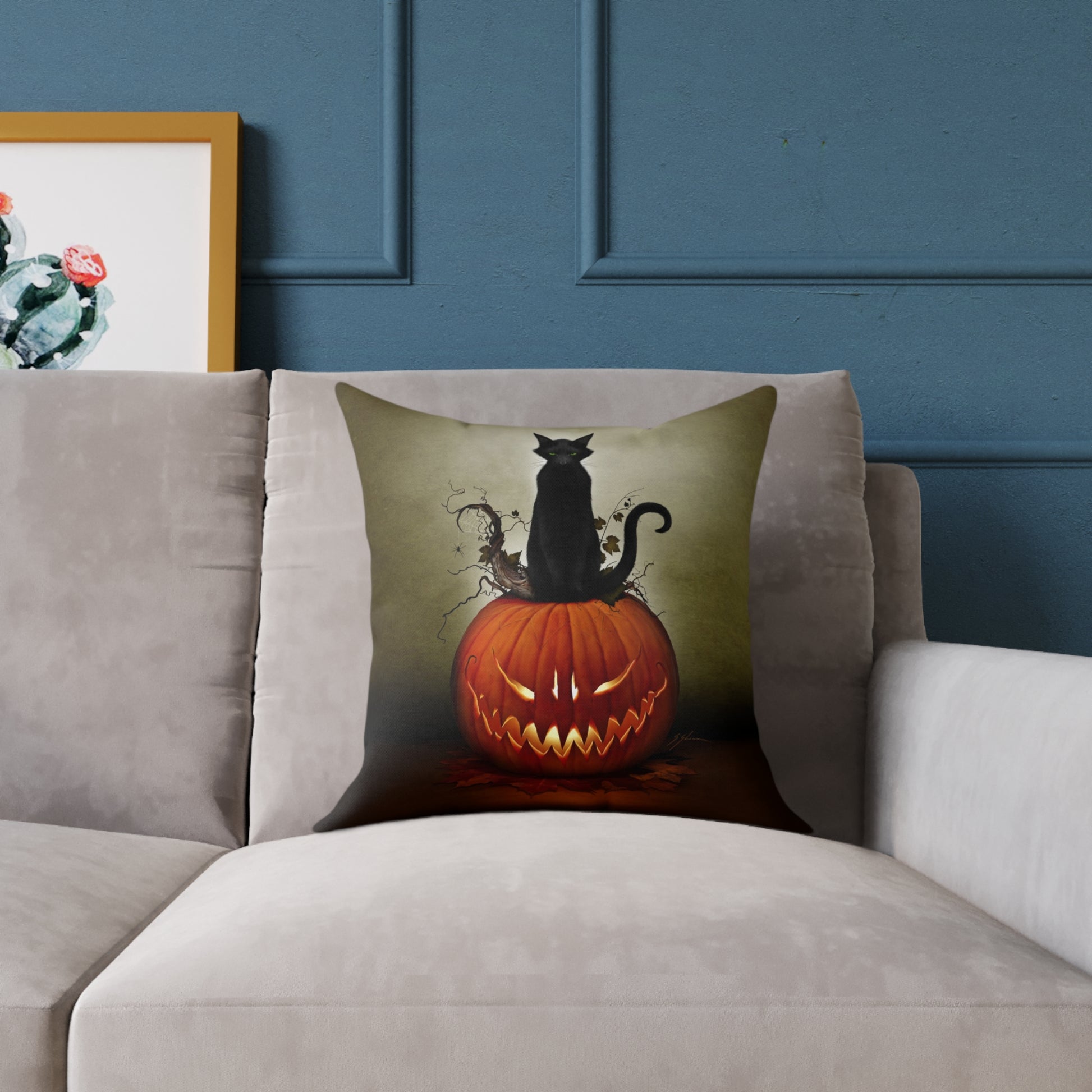 Cat O' Lantern pillow — black cat on jack-o-lantern double-sided polyester canvas print