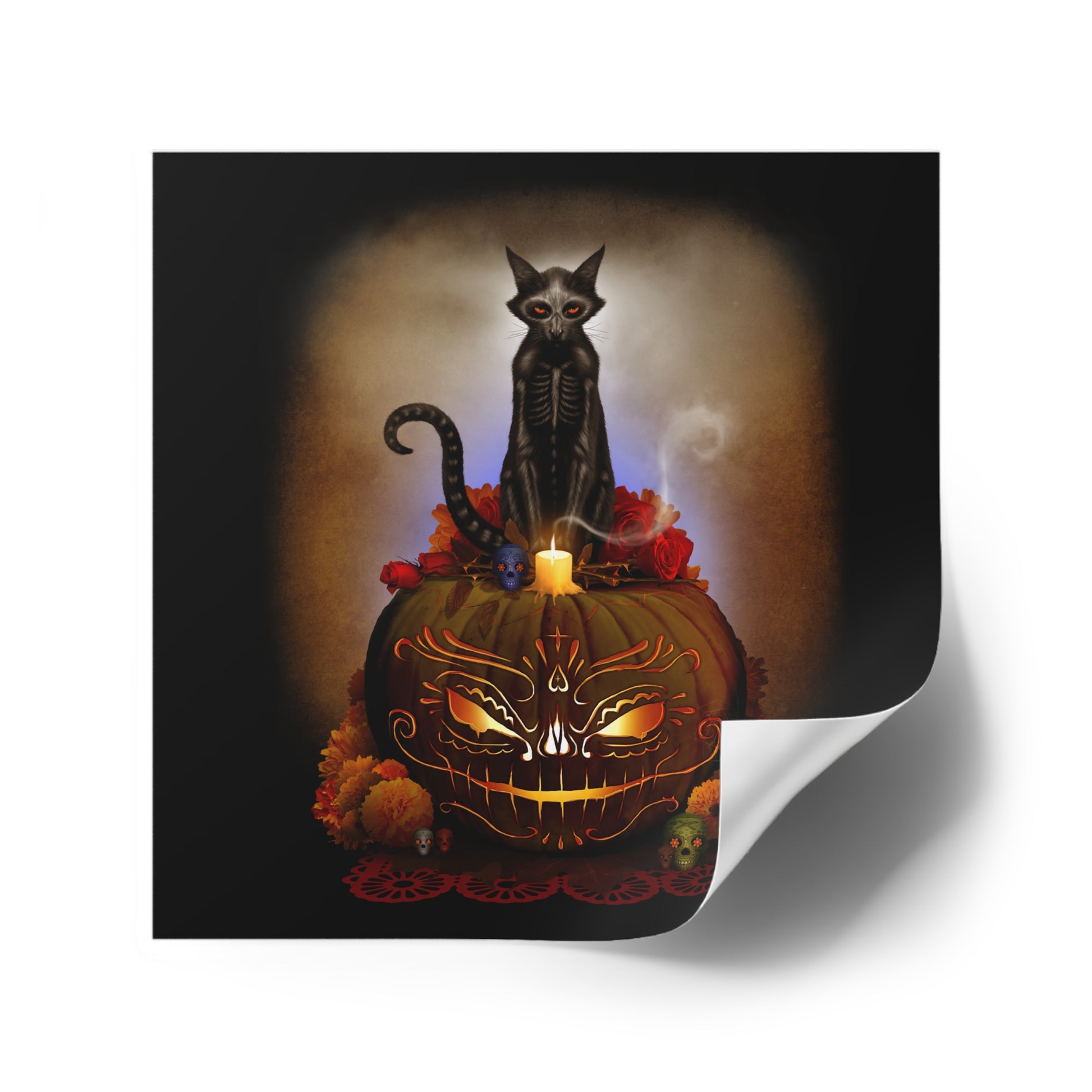 Día De Los Meowtos square sticker 2" — Day of the Dead dark art by Mister Sam Shearon