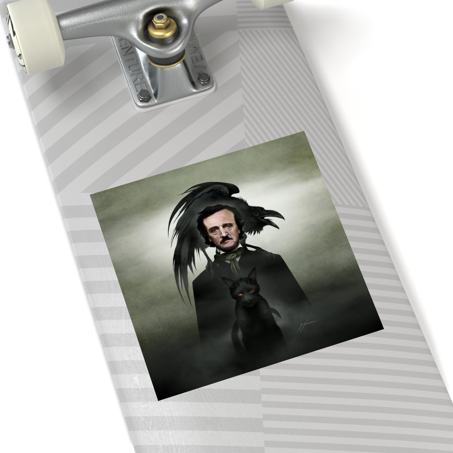 Edgar Allan Poe indoor/outdoor square stickers by Mister Sam Shearon — gothic dark art, The Raven, horror literature, human-made, non-AI. 