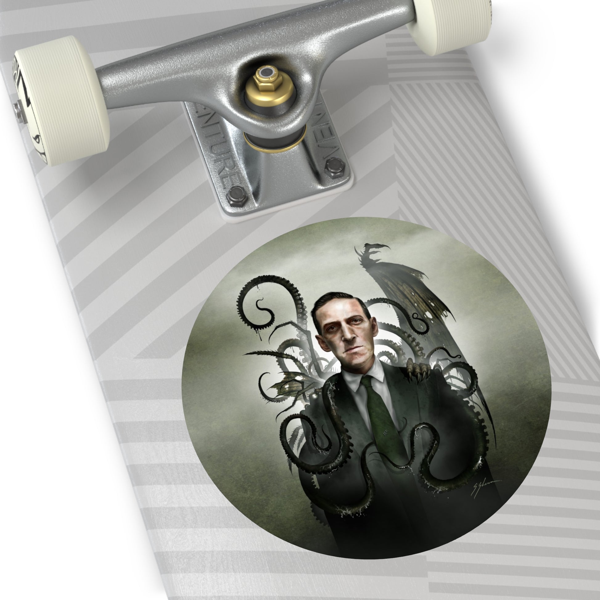 H.P. Lovecraft round sticker — Mister Sam Shearon cosmic horror dark art, matte finish