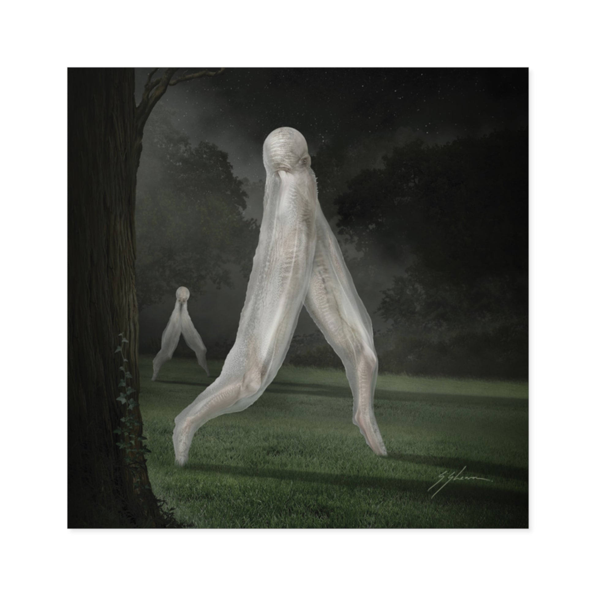 Nightcrawler square sticker by Mister Sam Shearon — dark art, cryptid, creepypasta, paranormal, horror, indoor outdoor, human-made, non-AI. 