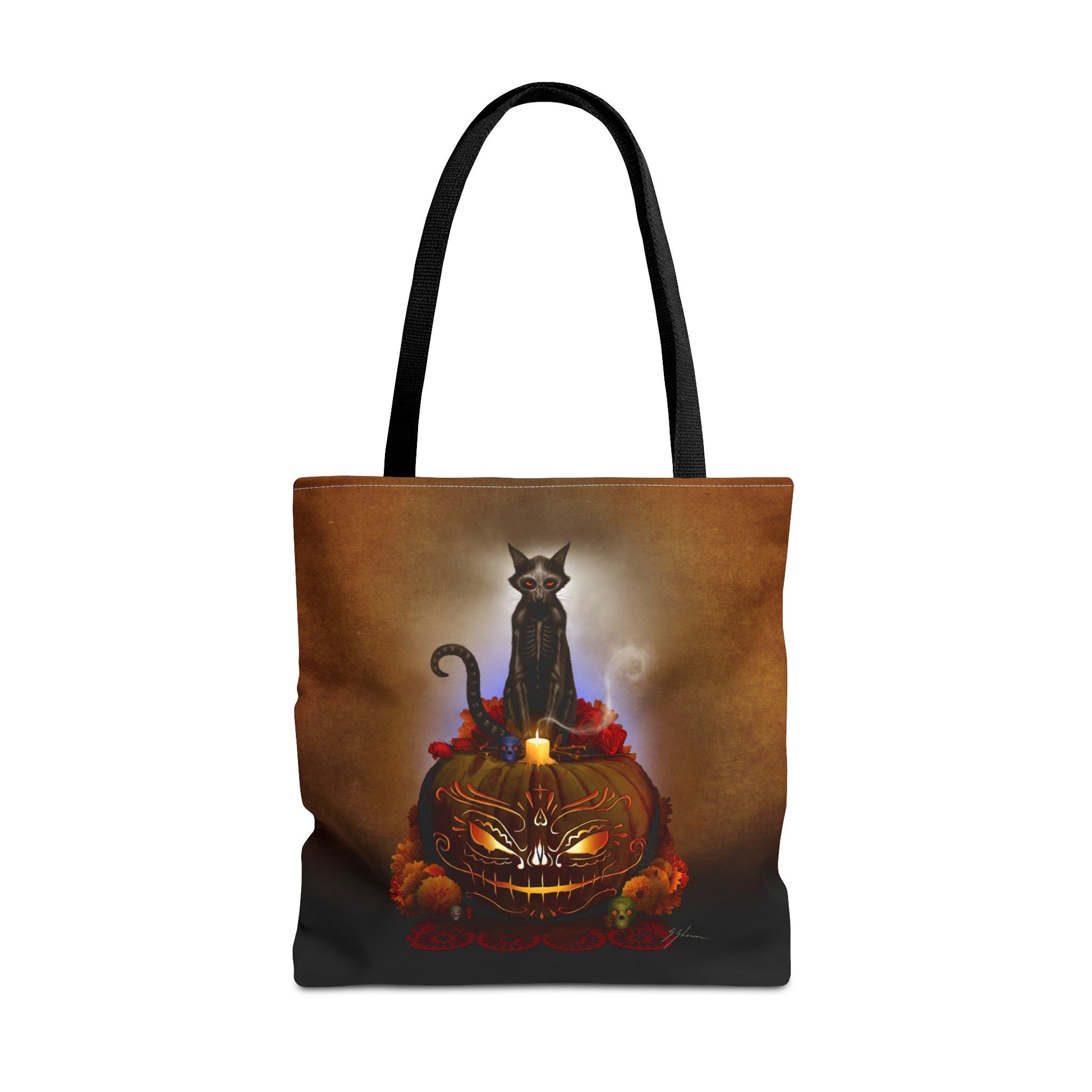 Día De Los Meowtos all-over print tote bag — Day of the Dead dark art by Mister Sam Shearon