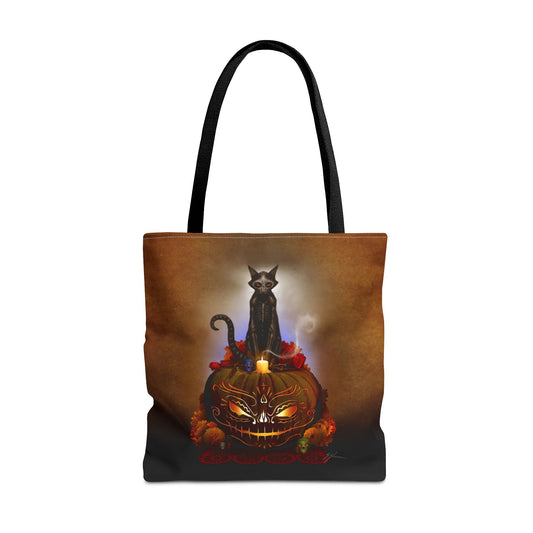 Día De Los Meowtos all-over print tote bag — Day of the Dead dark art by Mister Sam Shearon