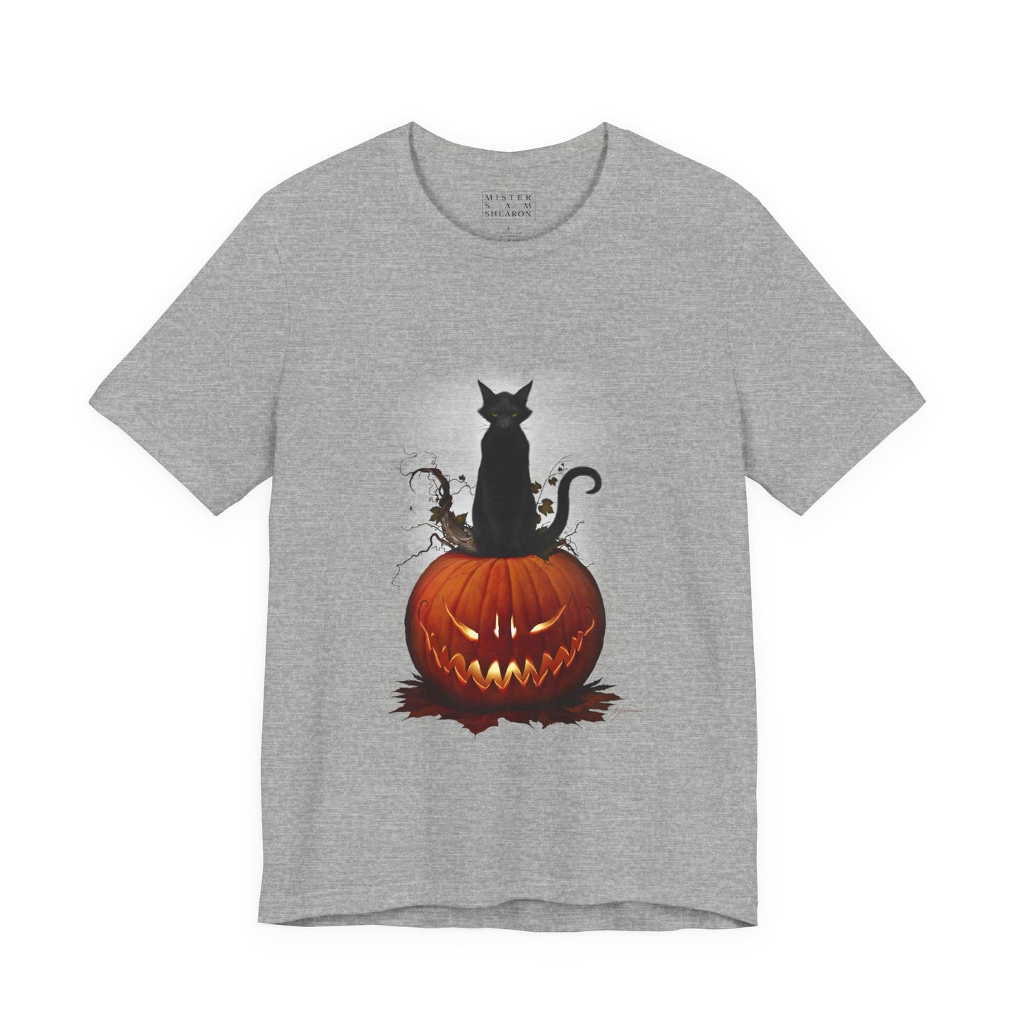 Cat O' Lantern t-shirt — black cat and jack-o-lantern artwork by Mister Sam Shearon