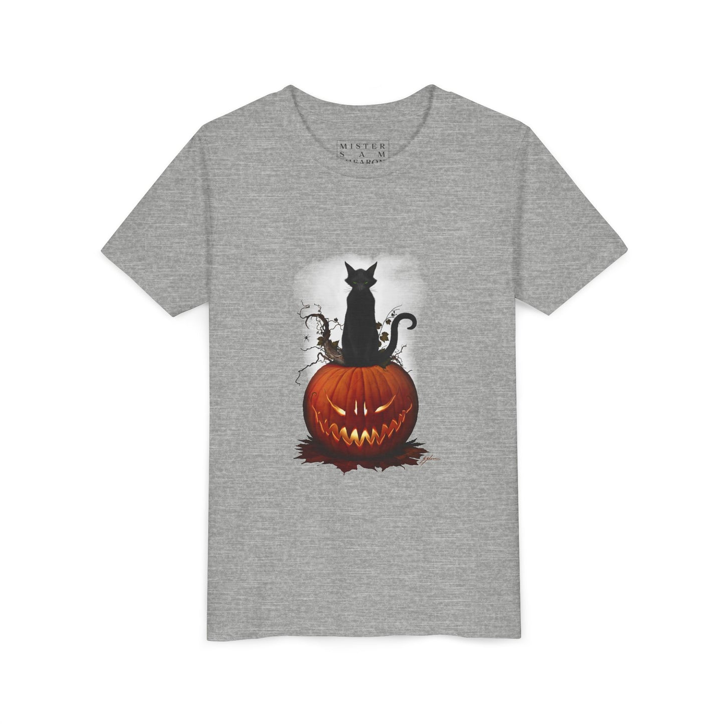 Cat O' Lantern youth tee — close-up of dark art print by Mister Sam Shearon