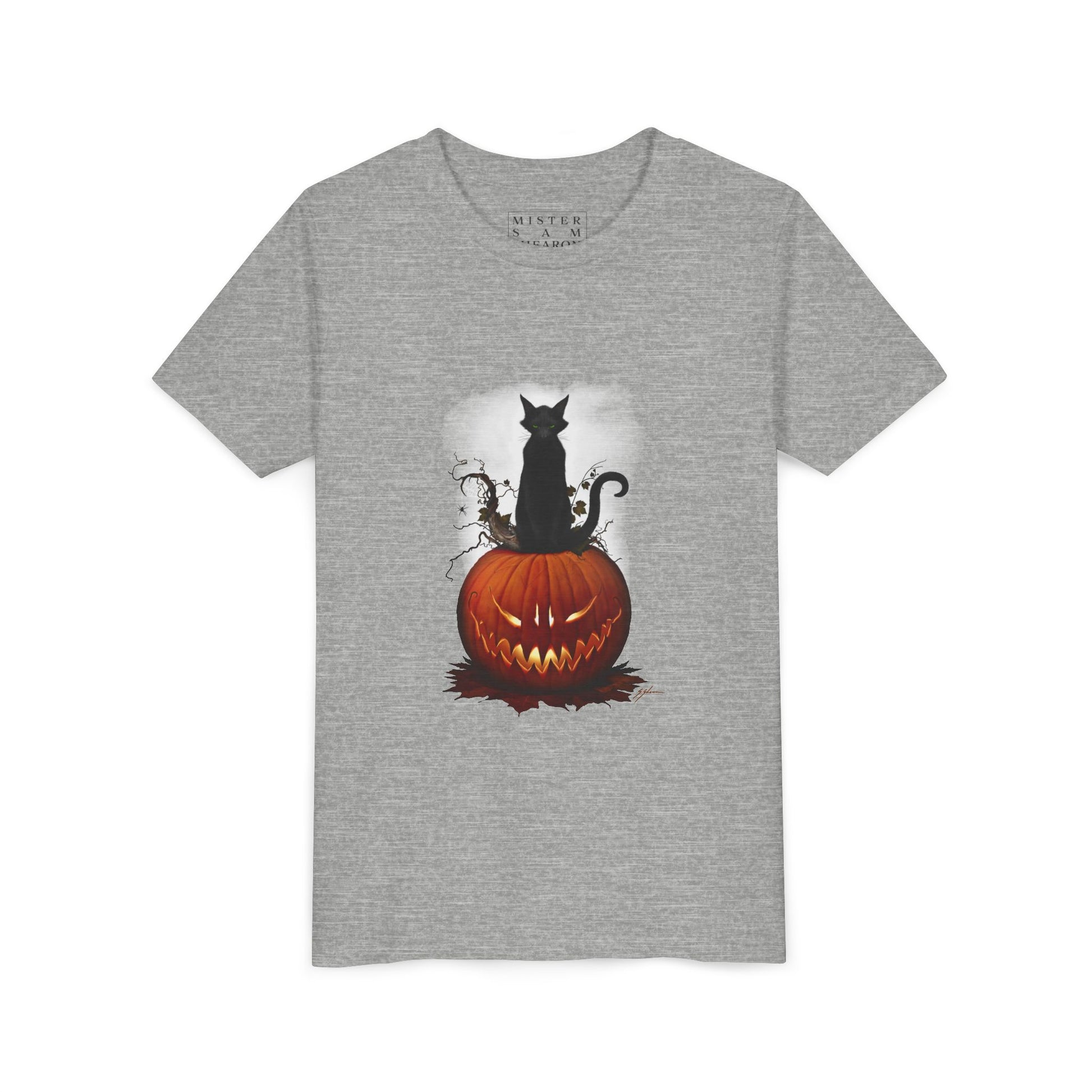 Cat O' Lantern youth tee — close-up of dark art print by Mister Sam Shearon