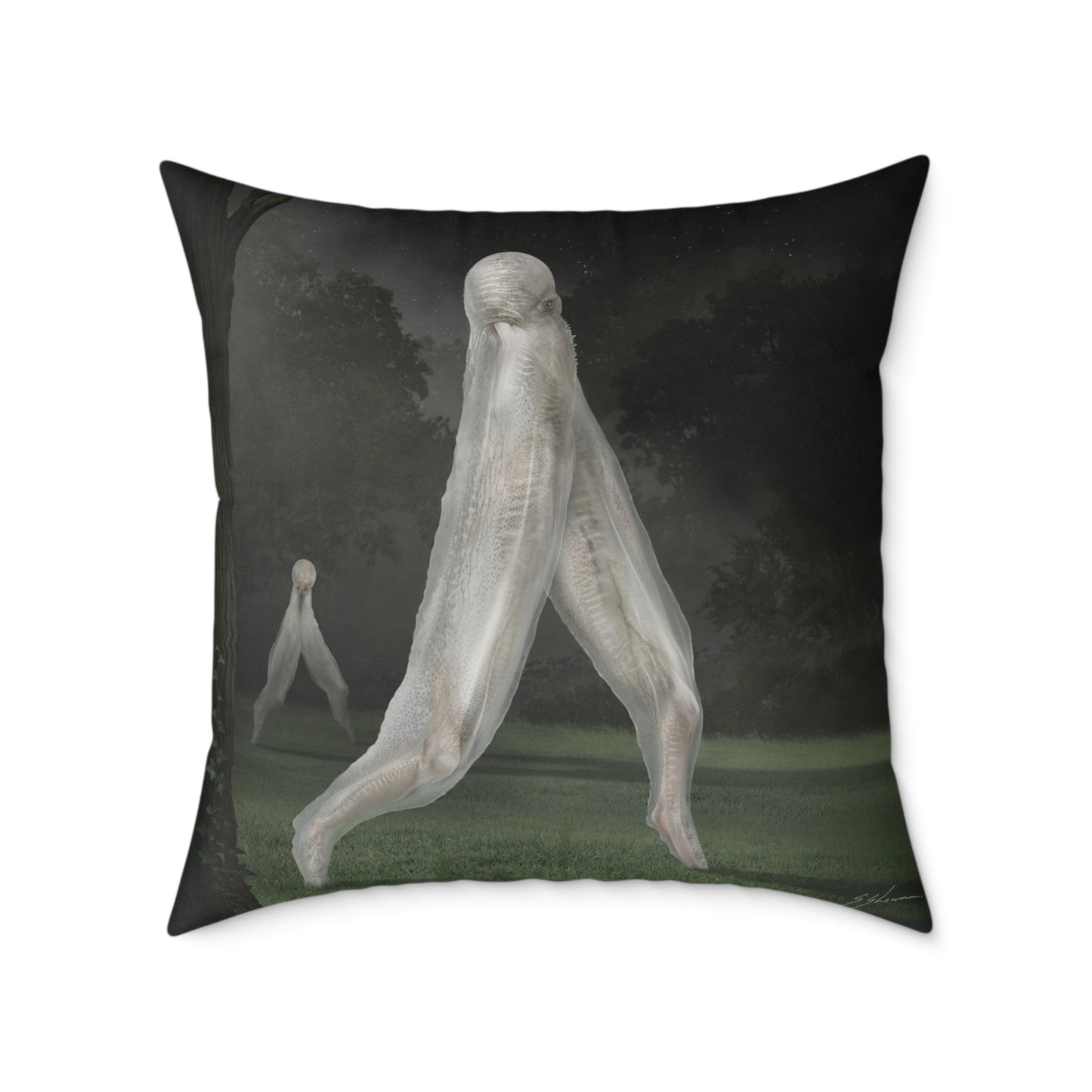 Nightcrawler square canvas pillow by Mister Sam Shearon — dark art, cryptid, creepypasta, paranormal, horror, human-made, non-AI. 