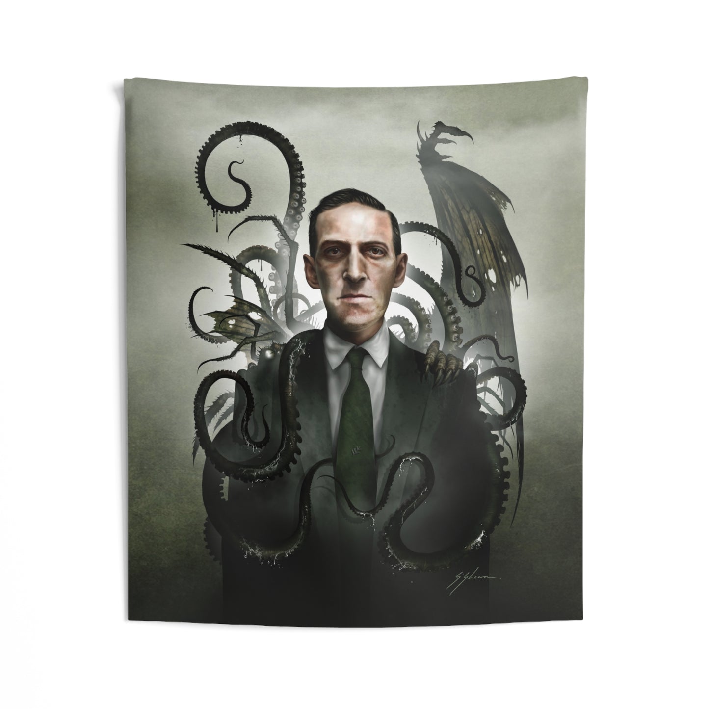 H.P. Lovecraft tapestry — Cthulhu eldritch design by Mister Sam Shearon, hung on wall