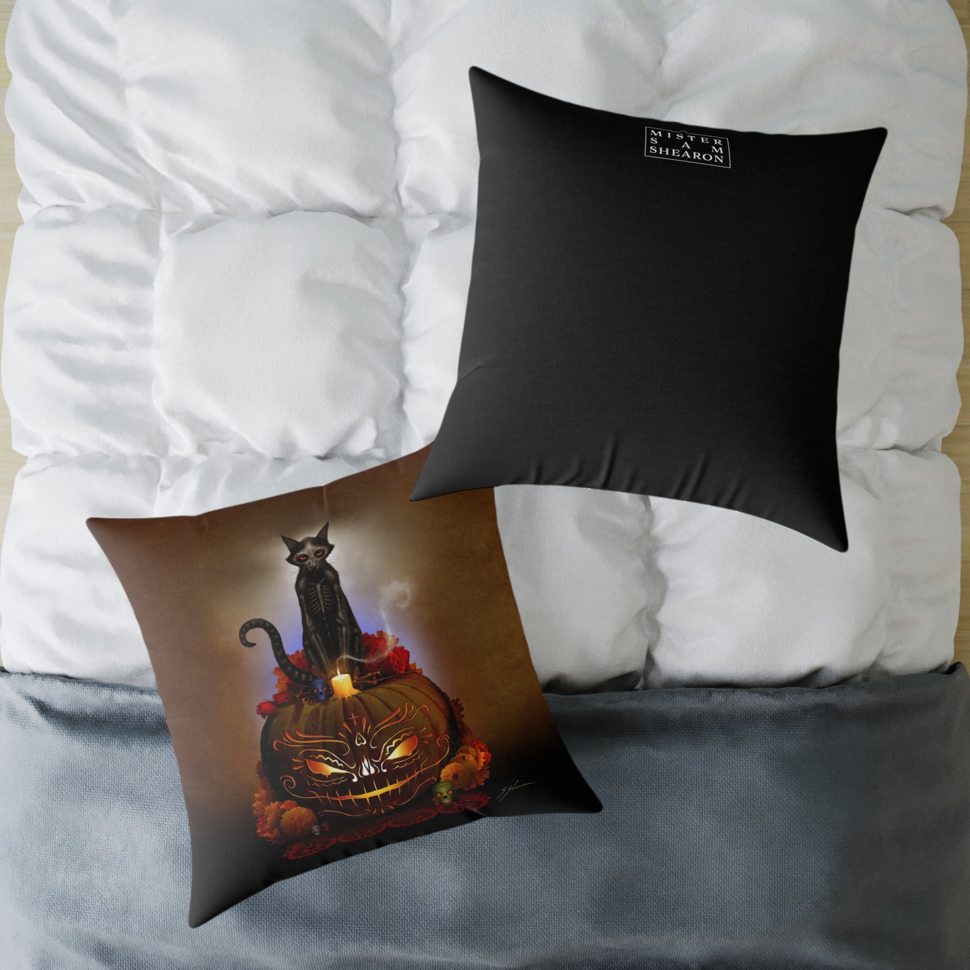 Día De Los Meowtos pillow double-sided print detail — original Day of the Dead art by Mister Sam Shearon